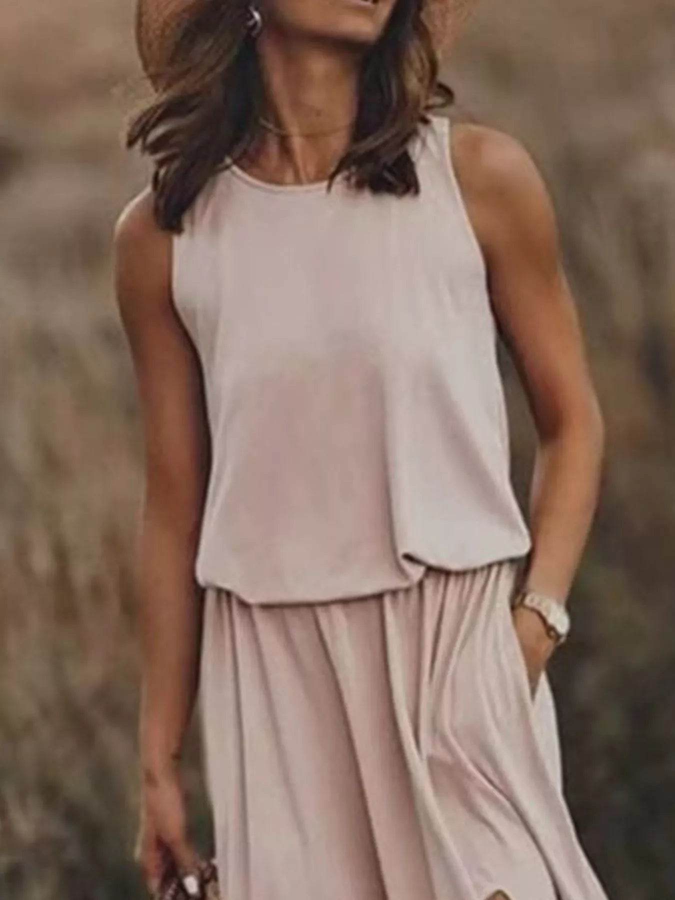 Full Size Round Neck Sleeveless Slit Maxi Dress Plus Size - IntuitiveEncBoutique