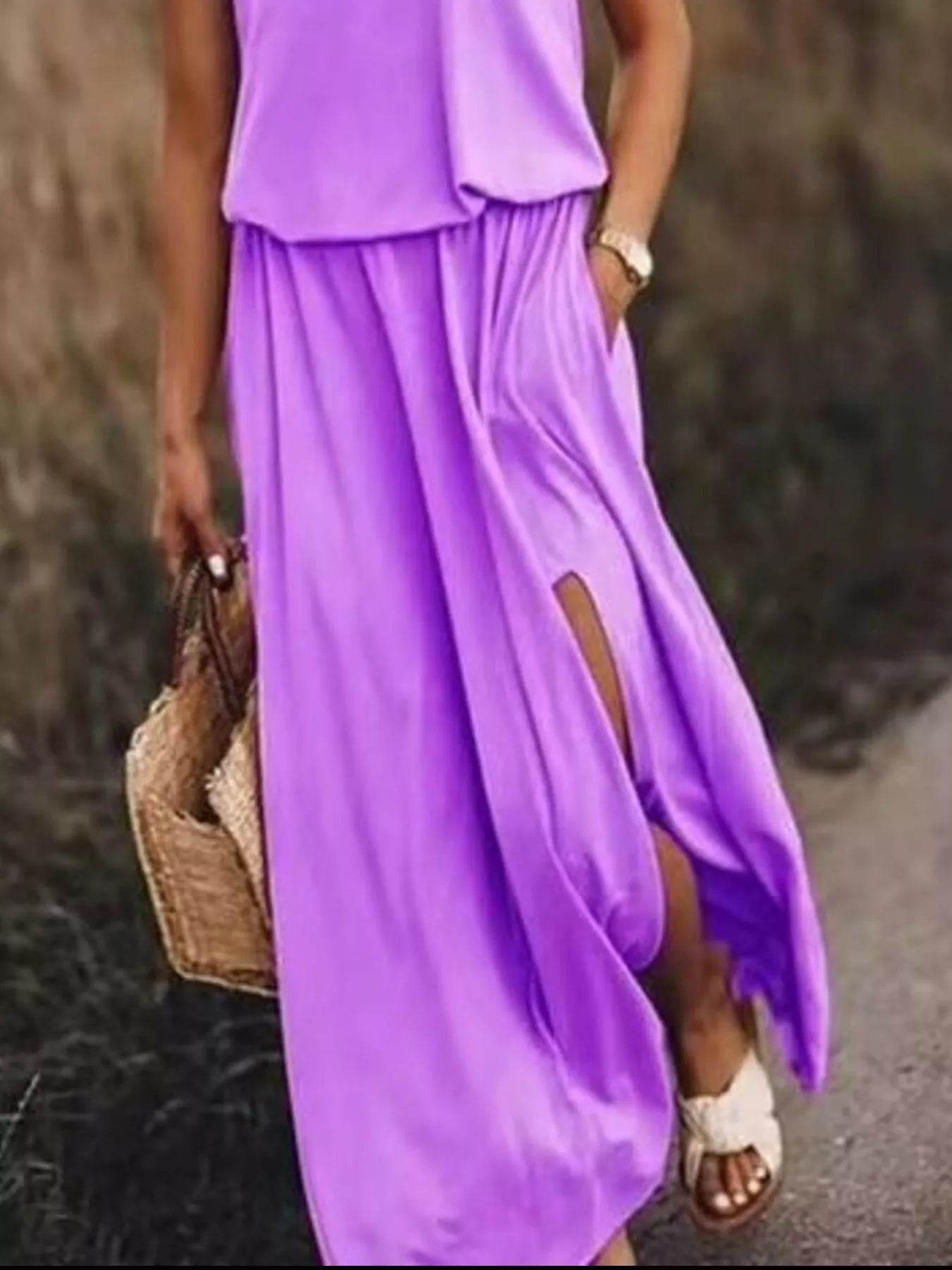Full Size Round Neck Sleeveless Slit Maxi Dress Plus Size - IntuitiveEncBoutique