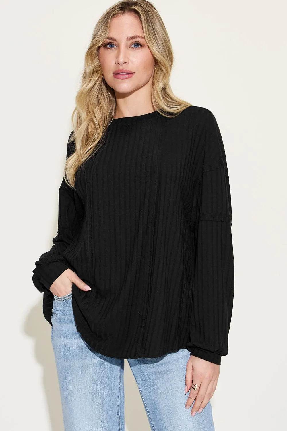 Basic Bae Full Size Ribbed Round Neck Long Sleeve T-Shirt - IntuitiveEncBoutique