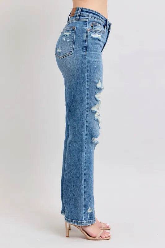 Judy Blue Full Size High Waist Heavy Destroy Straight Jeans Plus Size - IntuitiveEncBoutique