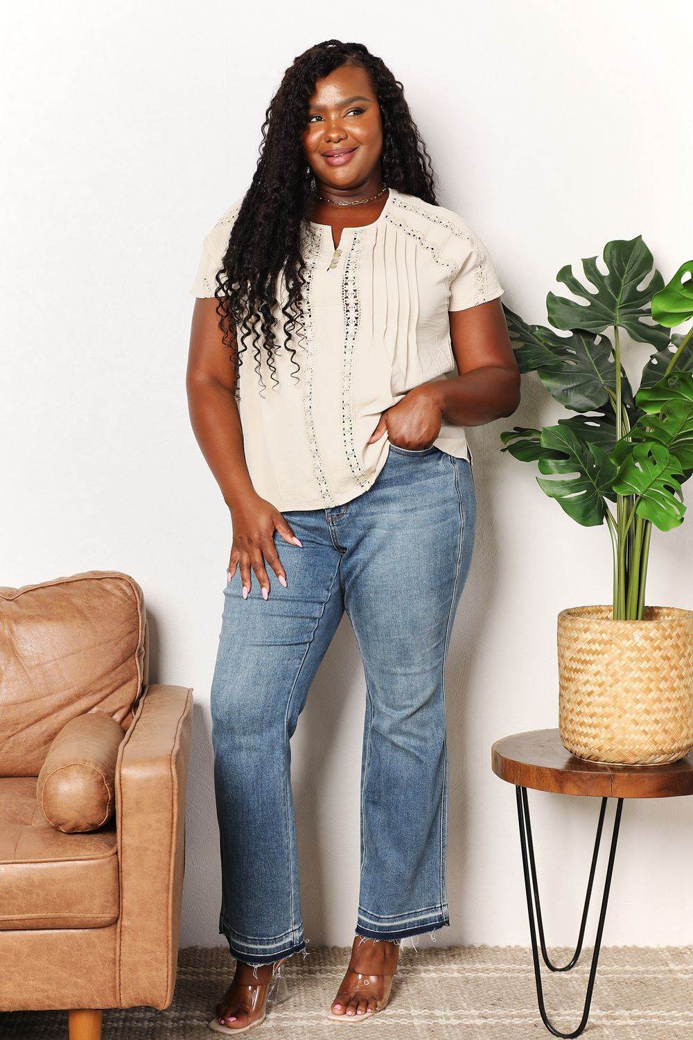 Double Take Crochet Buttoned Short Sleeves Top - IntuitiveEncBoutique