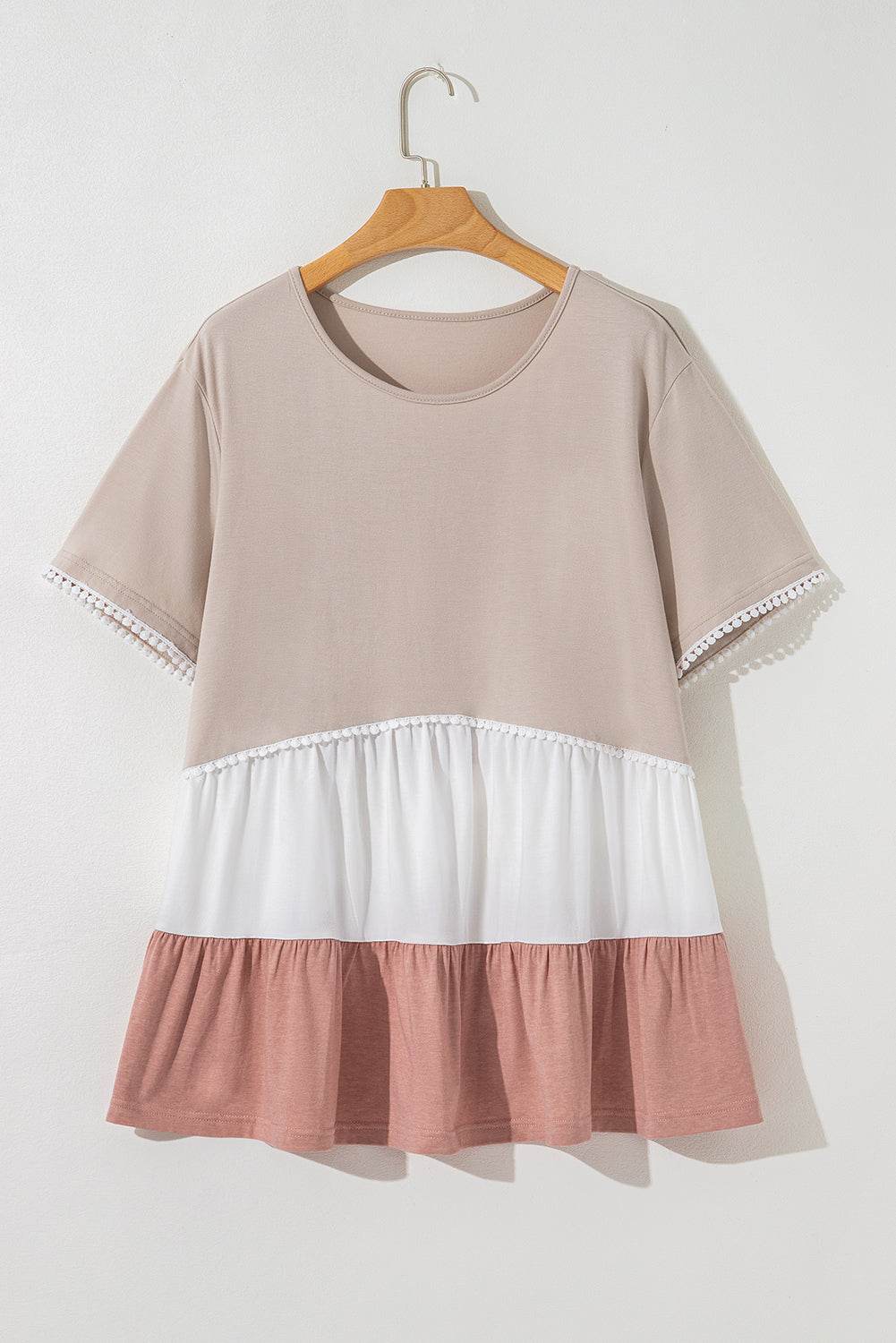 Beige Plus Size Color Block Lace Trim Ruffled Blouse - IntuitiveEncBoutique