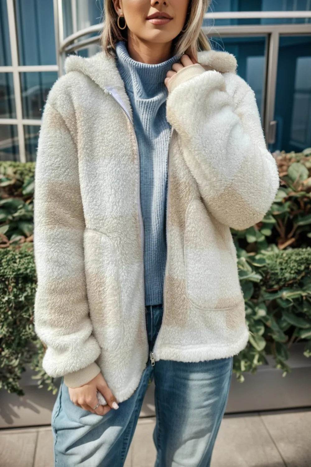 Double Take Full Size Plaid Long Sleeve Hooded Coat - IntuitiveEncBoutique