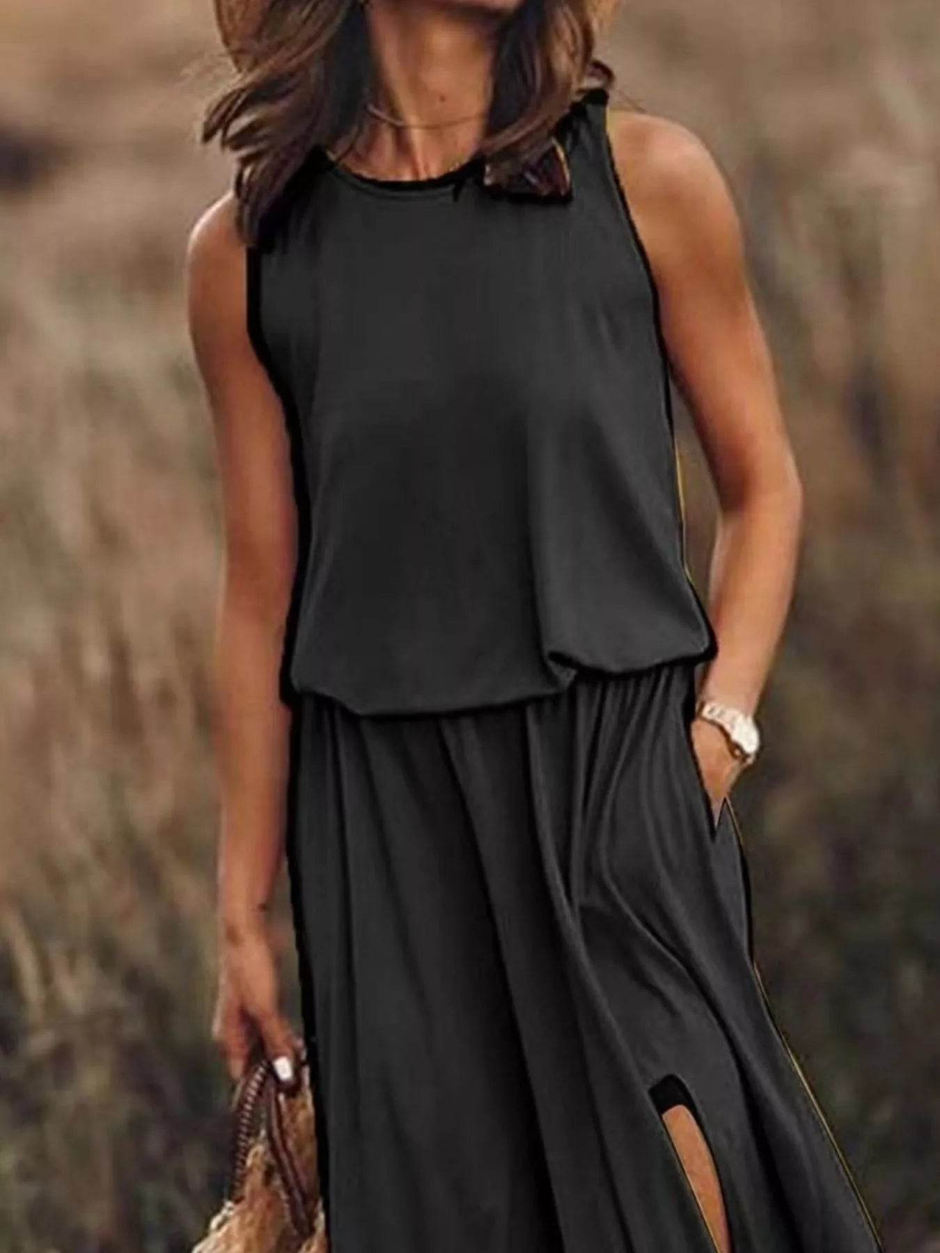 Full Size Round Neck Sleeveless Slit Maxi Dress Plus Size - IntuitiveEncBoutique
