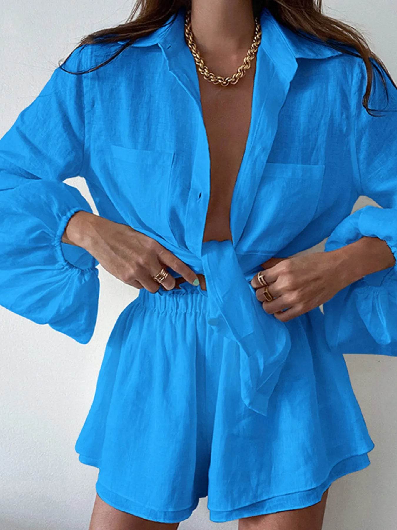 Full Size Button Up Balloon Sleeve Top and Shorts Set Plus Size - IntuitiveEncBoutique