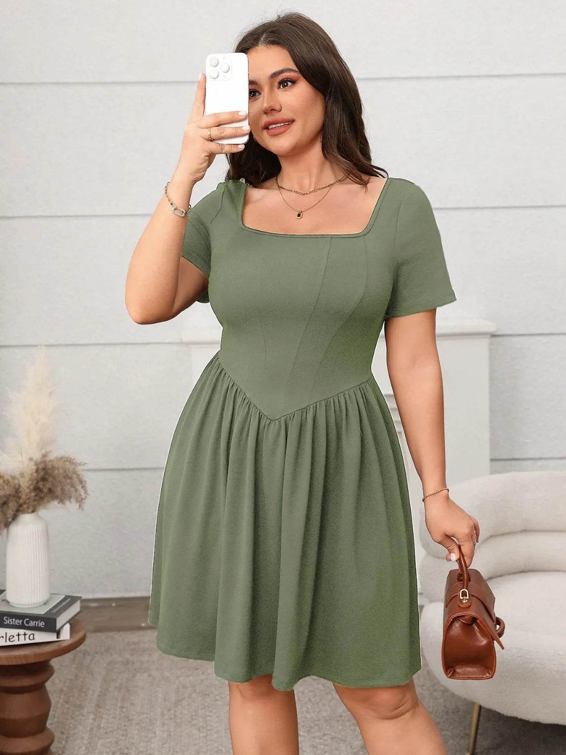 Plus Size Square Neck Short Sleeve Mini Dress - IntuitiveEncBoutique