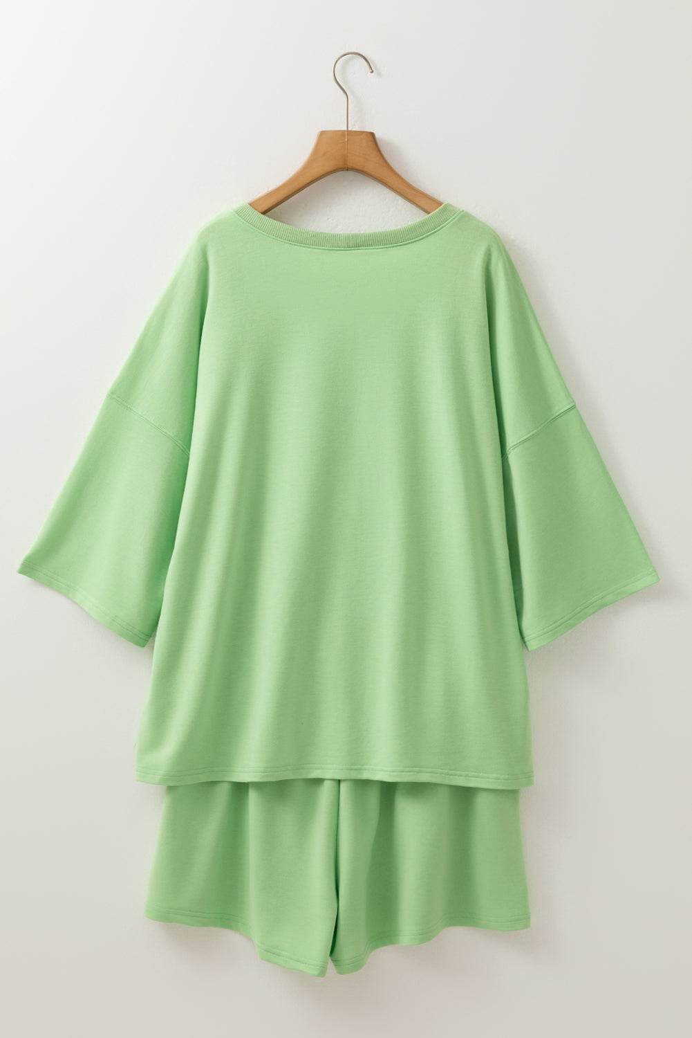 Meadow Mist Green Plus Size V Neck Drop Shoulder Tee Loose Shorts 2pcs Outfit - IntuitiveEncBoutique