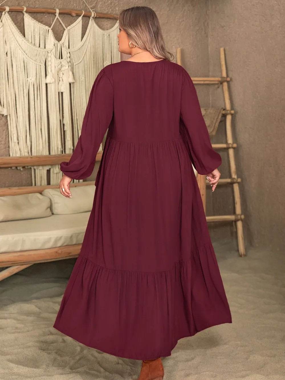 Plus Size Ruffled V-Neck Long Sleeve Dress - IntuitiveEncBoutique