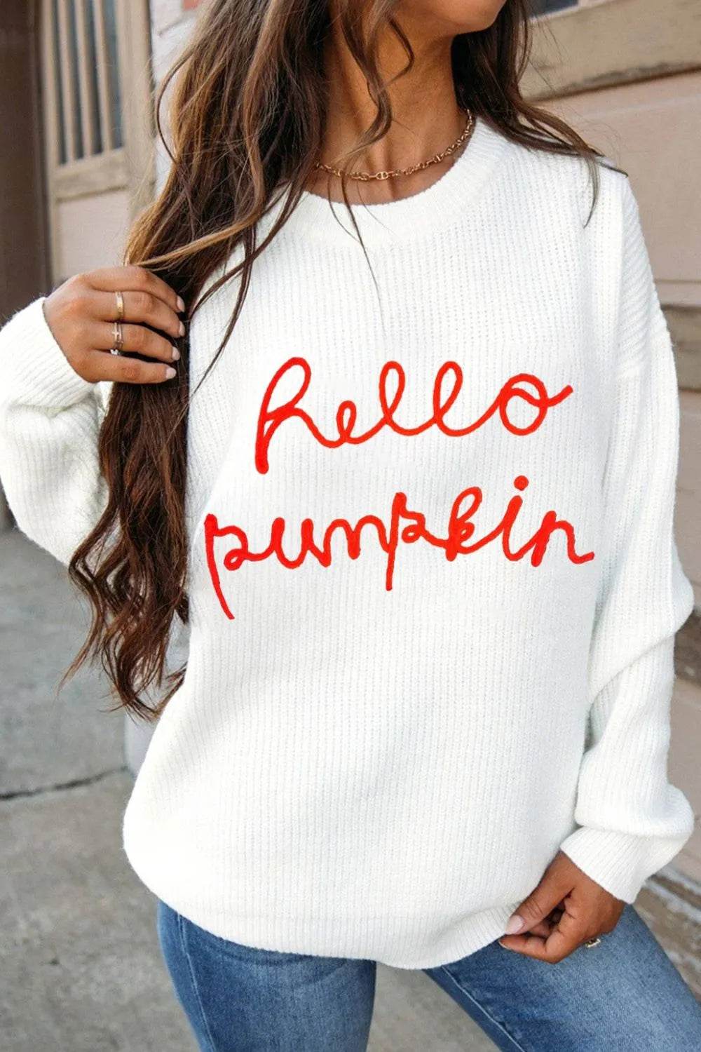 HELLO PUMPKIN Round Neck Long Sleeve Sweater - IntuitiveEncBoutique