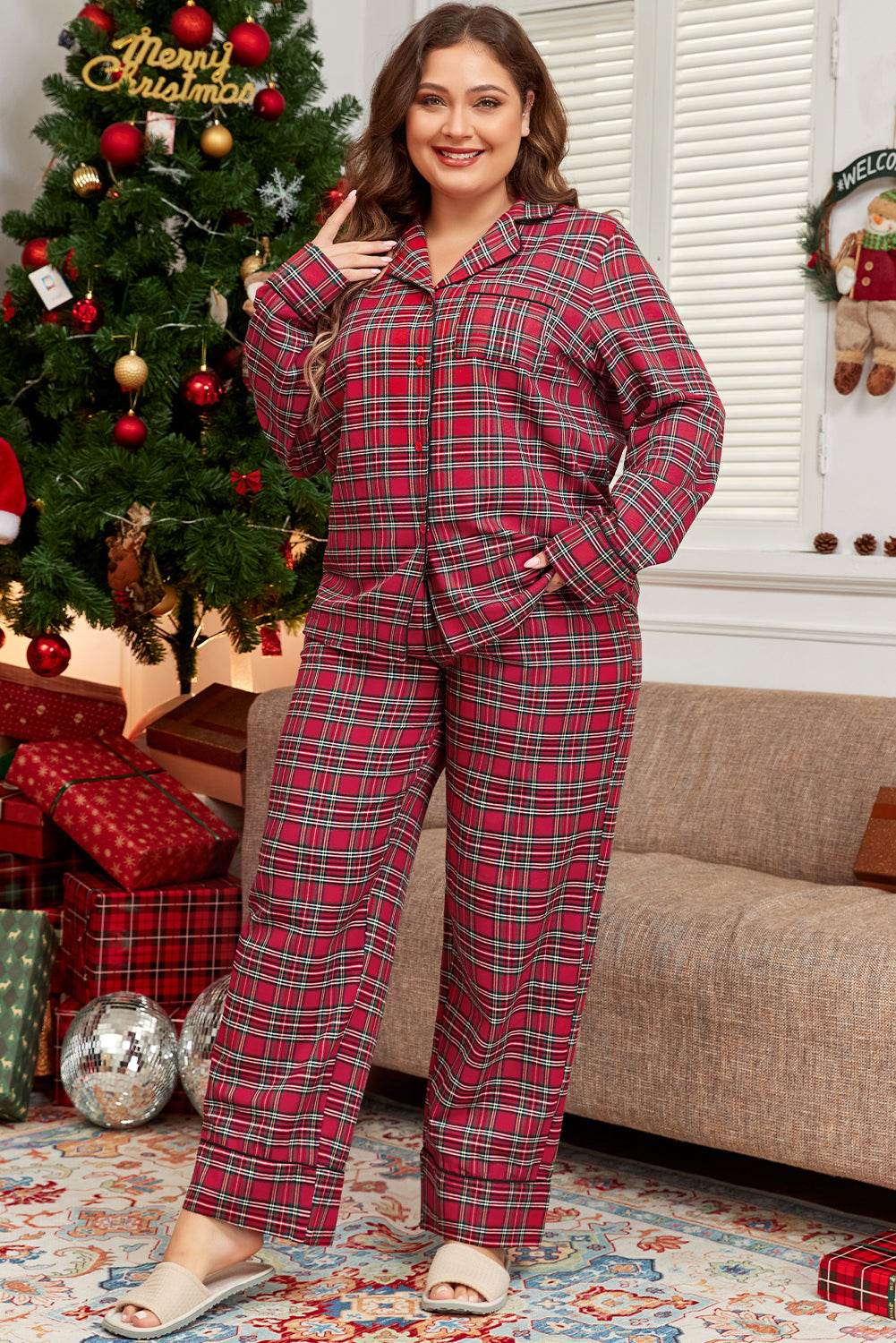 Red Plaid Printed Shirt and Pants Plus Size Lounge Set - IntuitiveEncBoutique