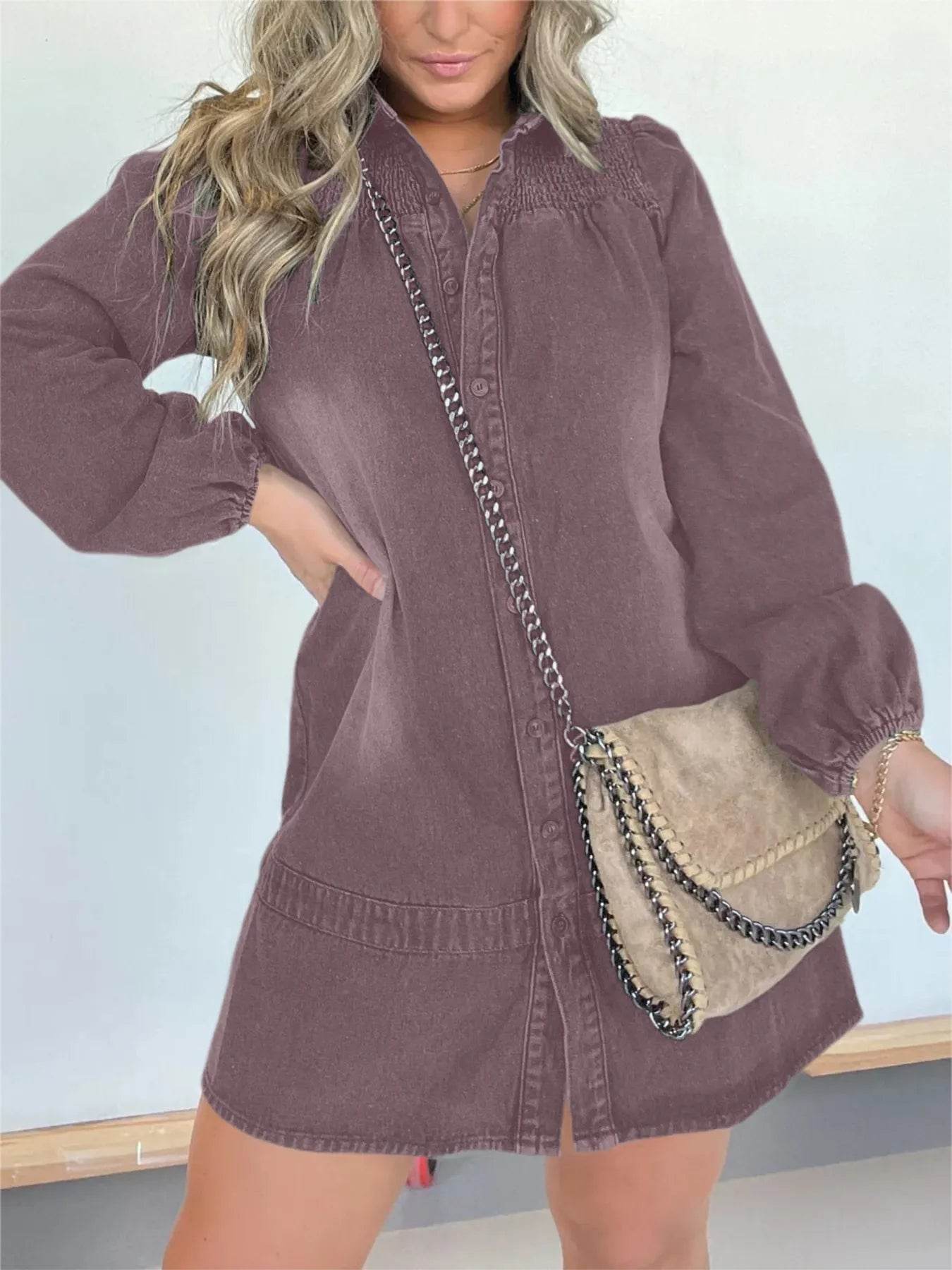 Full Size Button Front Long Sleeve Denim Dress Plus Size - IntuitiveEncBoutique
