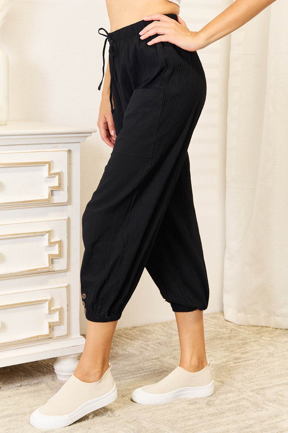 Shiny Decorative Button Cropped Pants - IntuitiveEncBoutique
