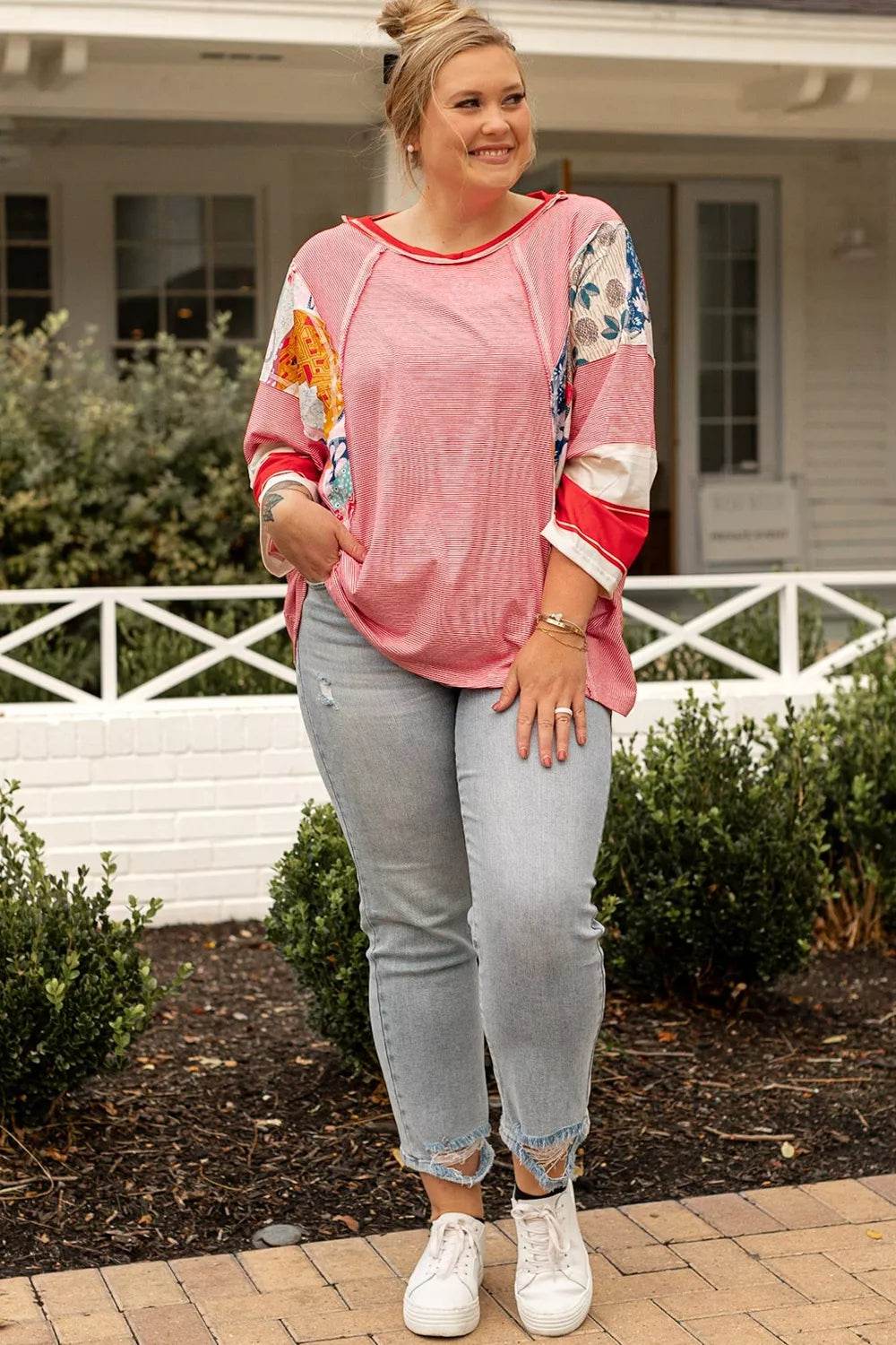 Plus Size Exposed Seam Printed Striped Round Neck Sweatshirt - IntuitiveEncBoutique