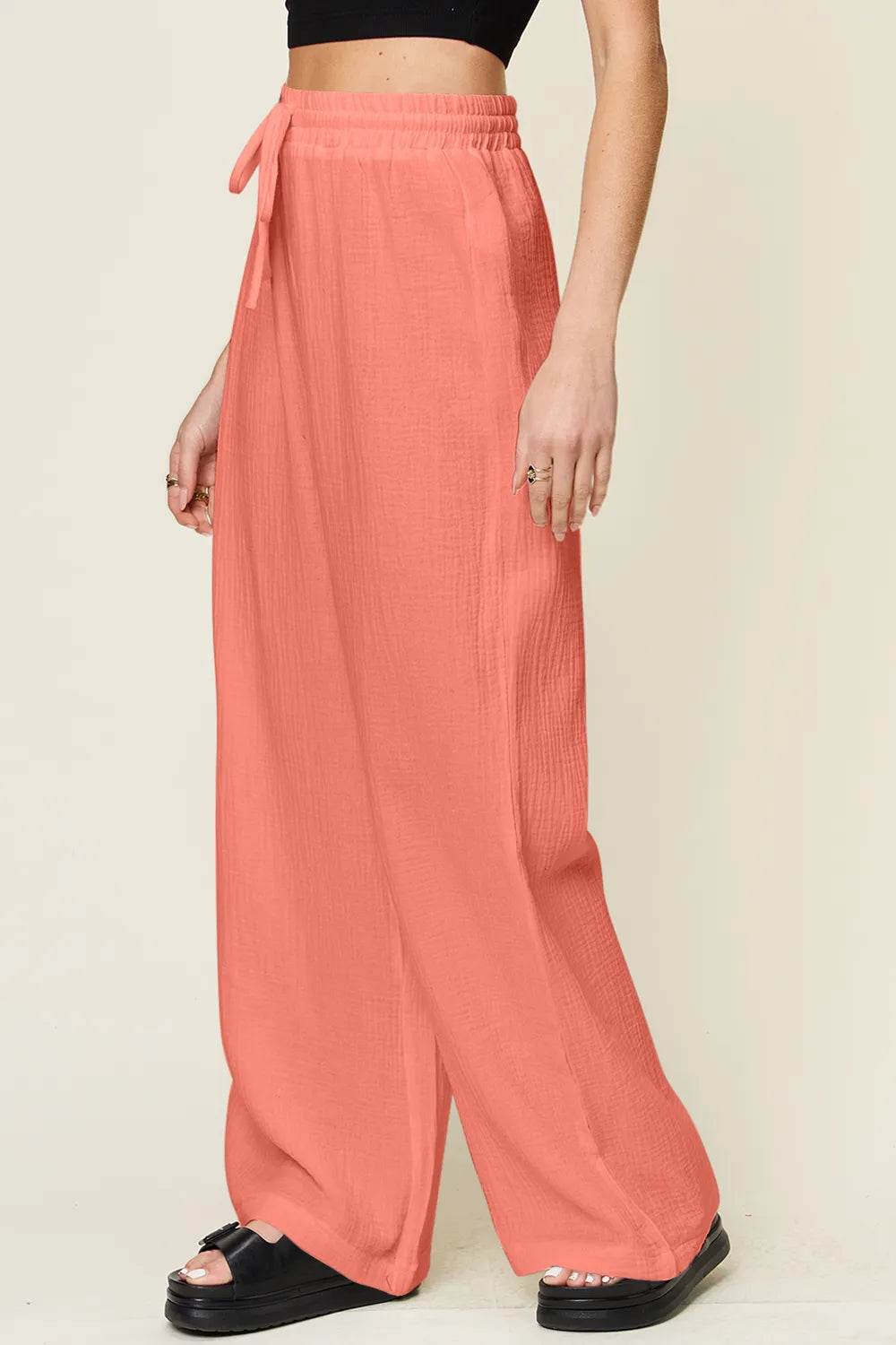 Double Take Full Size Texture Drawstring Wide Leg Pants - IntuitiveEncBoutique