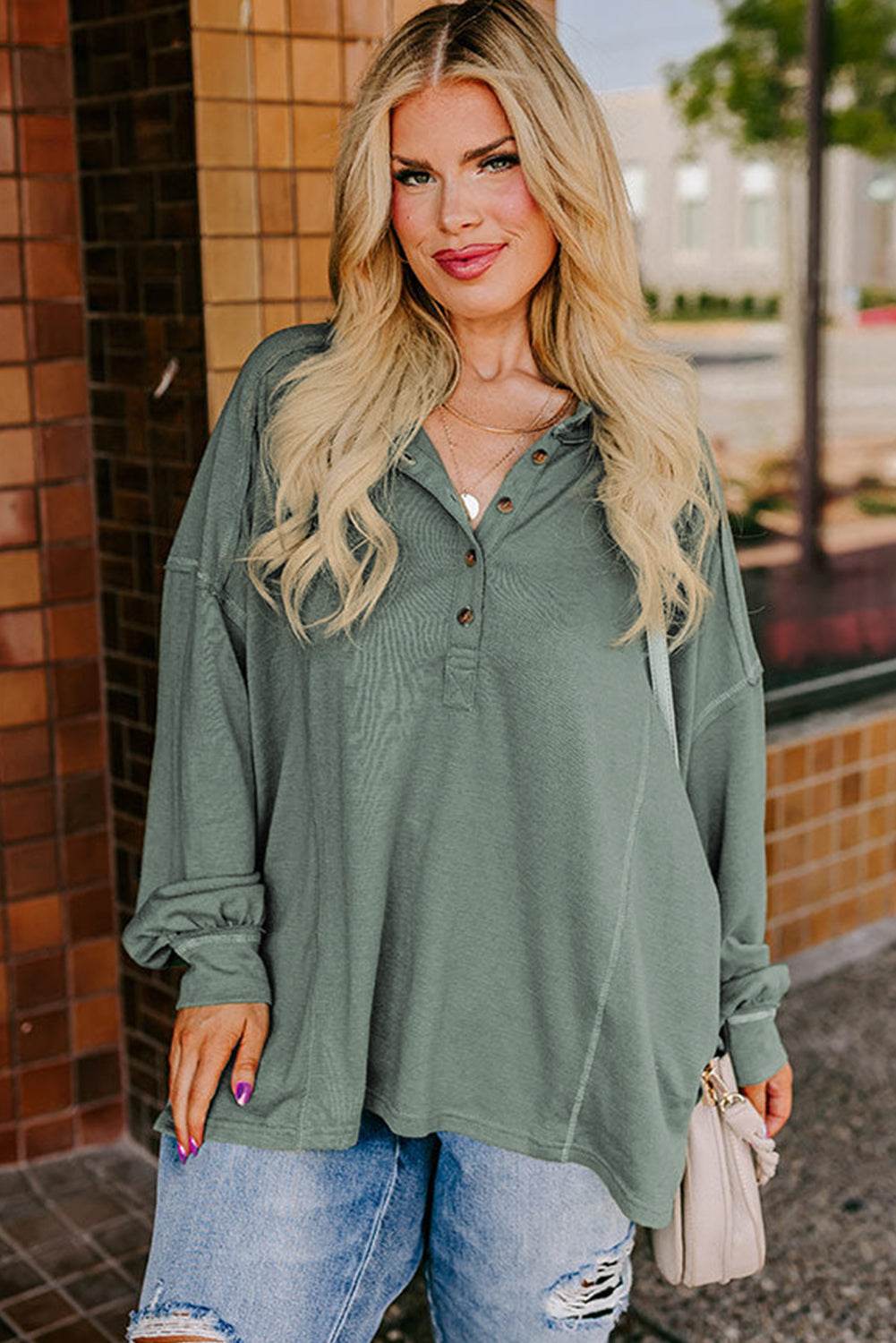 Seagrass Plus Size Exposed Seam Drop Shoulder Henley Top - IntuitiveEncBoutique