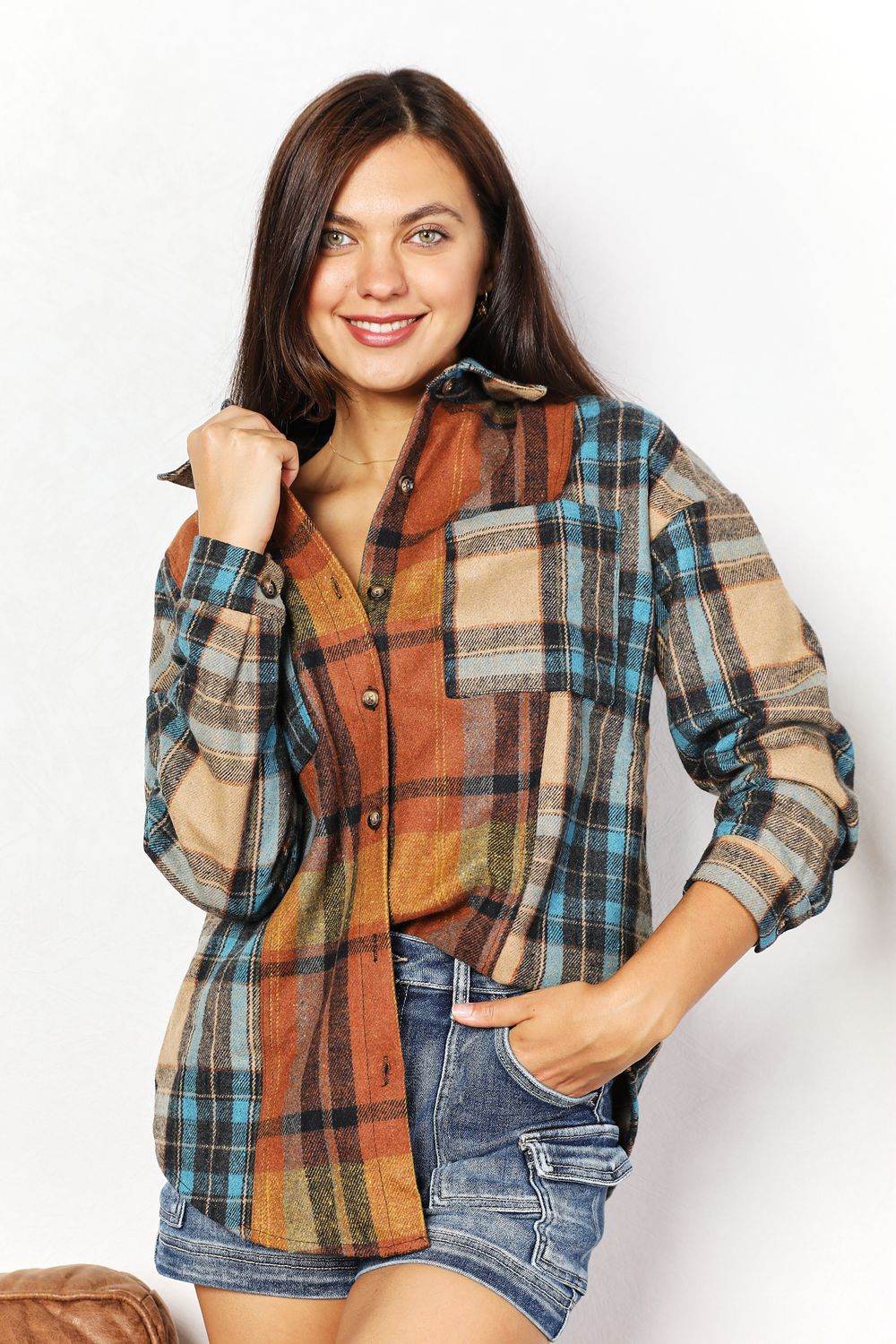 Double Take Plaid Curved Hem Shirt Jacket with Breast Pockets - IntuitiveEncBoutique