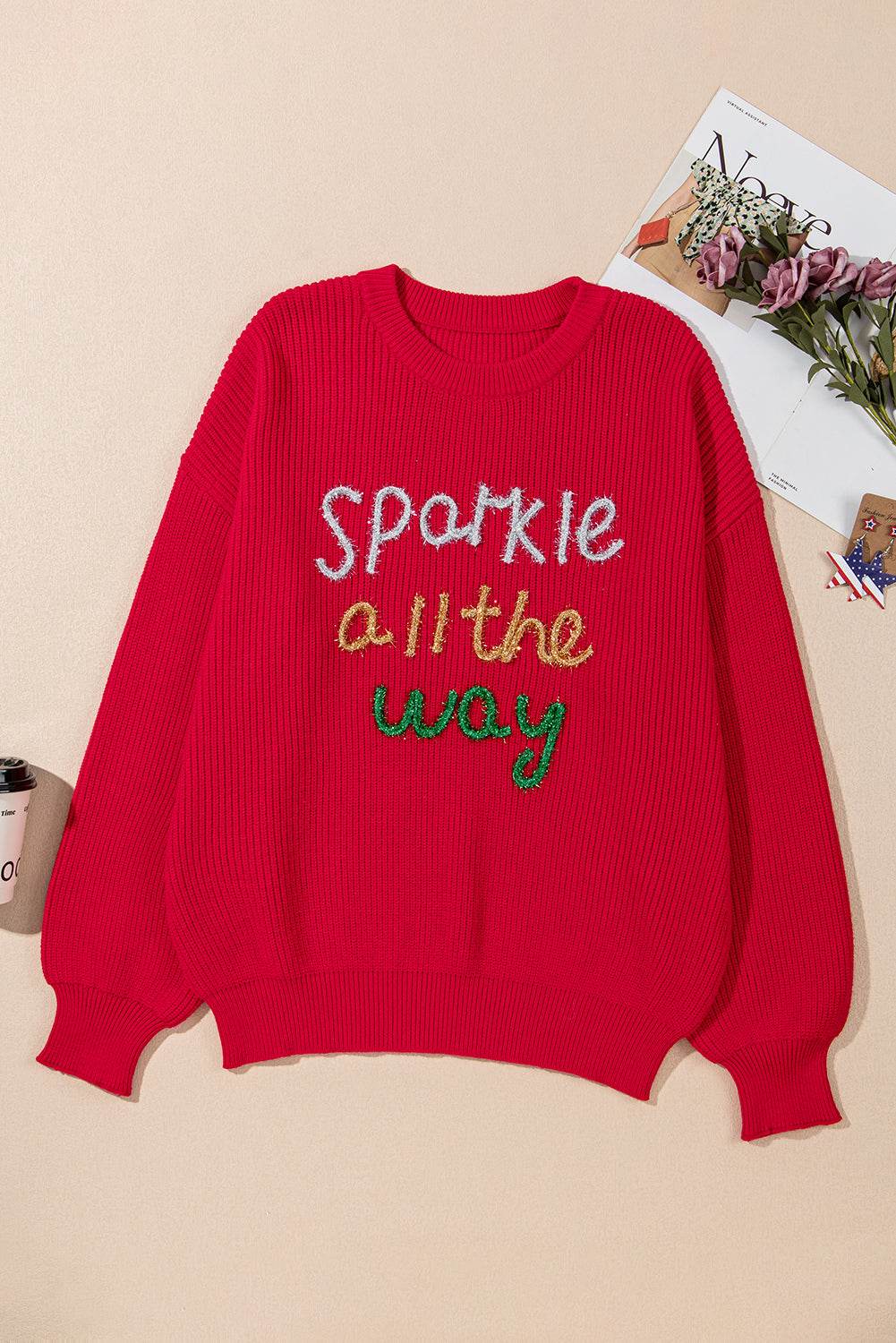 Racing Red Sparkle All The Way Tinsel Crew Neck Plus Size Sweater - IntuitiveEncBoutique