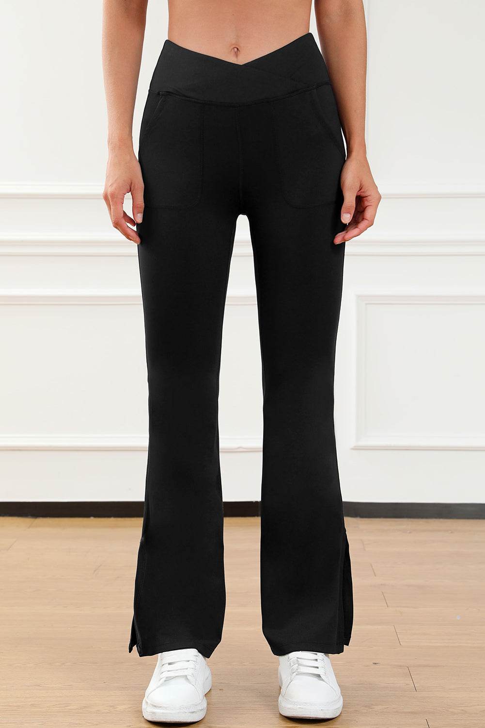 Black Cross Waist Pocketed Split Hem Flared Leggings - IntuitiveEncBoutique