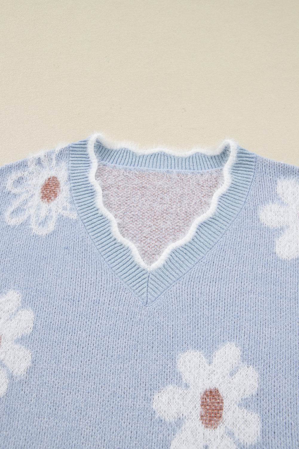 Gray Fuzzy Flower Scalloped V Neck Plus Sweater - IntuitiveEncBoutique