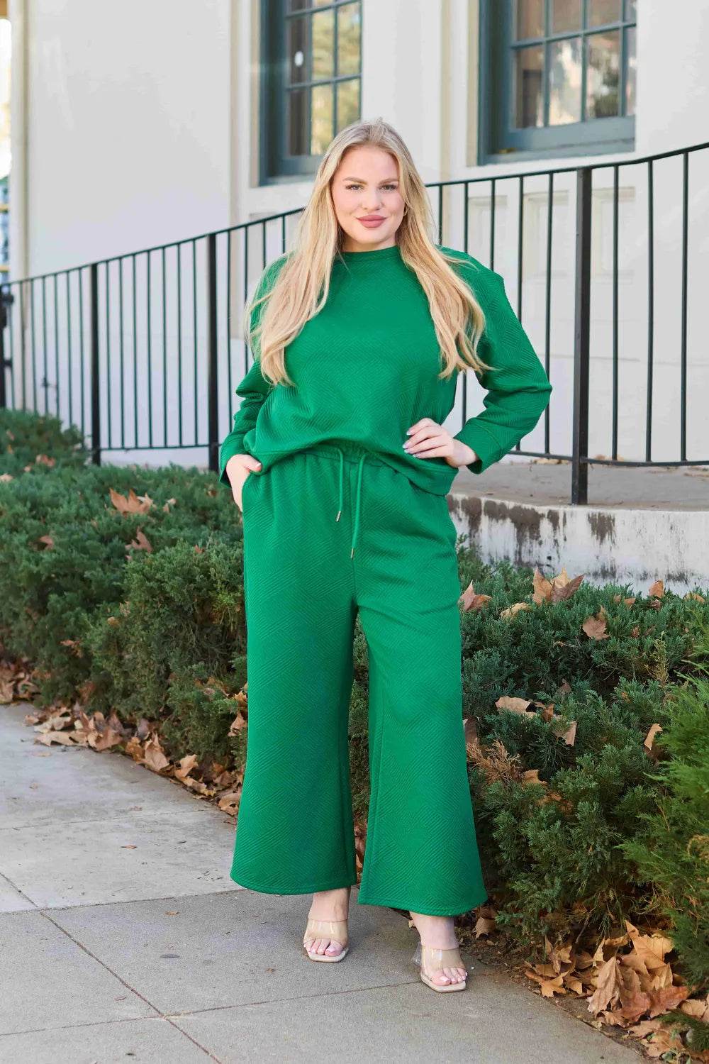 Double Take Full Size Textured Long Sleeve Top and Drawstring Pants Set - IntuitiveEncBoutique