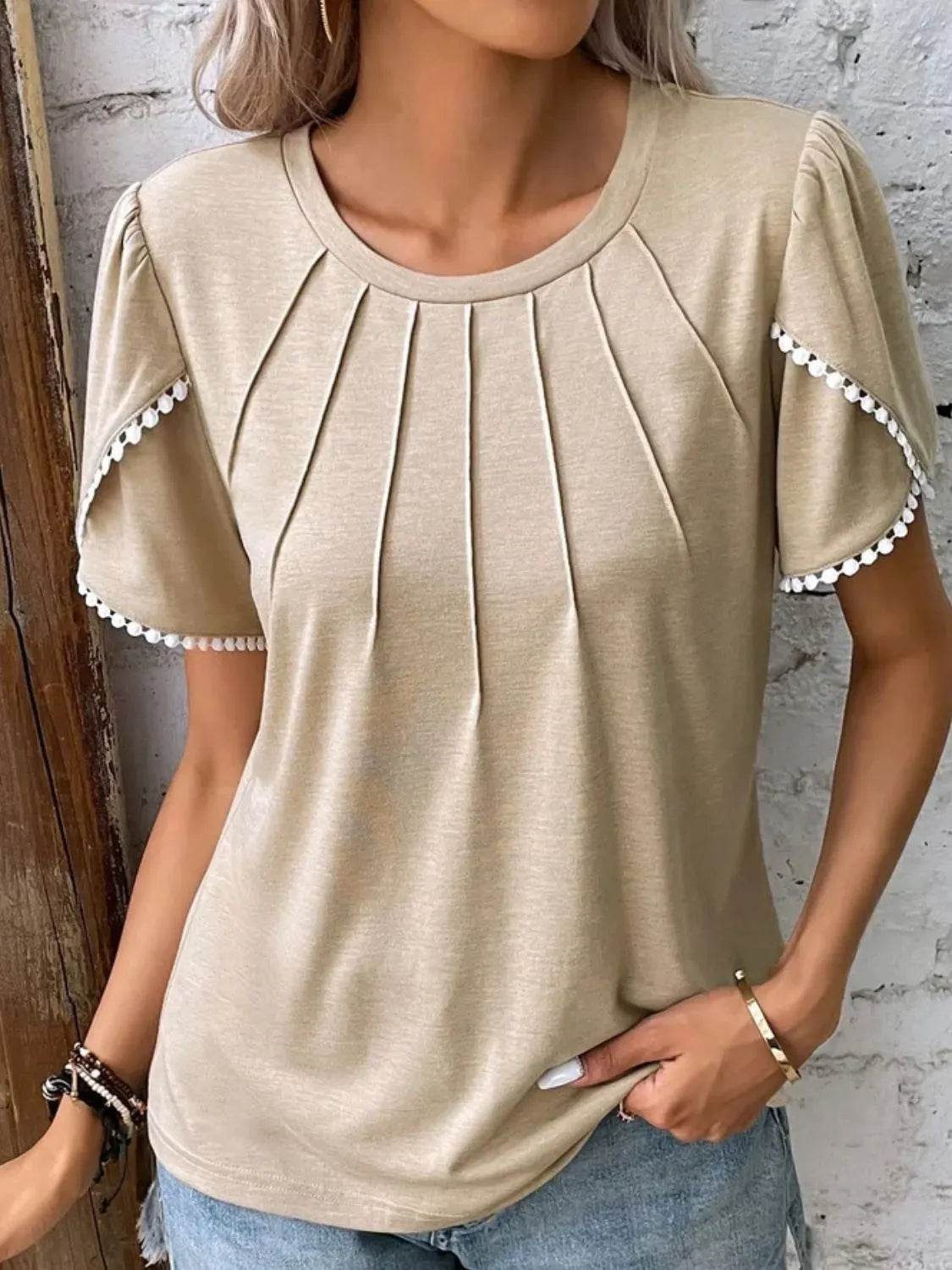 Full Size Round Neck Petal Sleeve Blouse Plus Size - IntuitiveEncBoutique