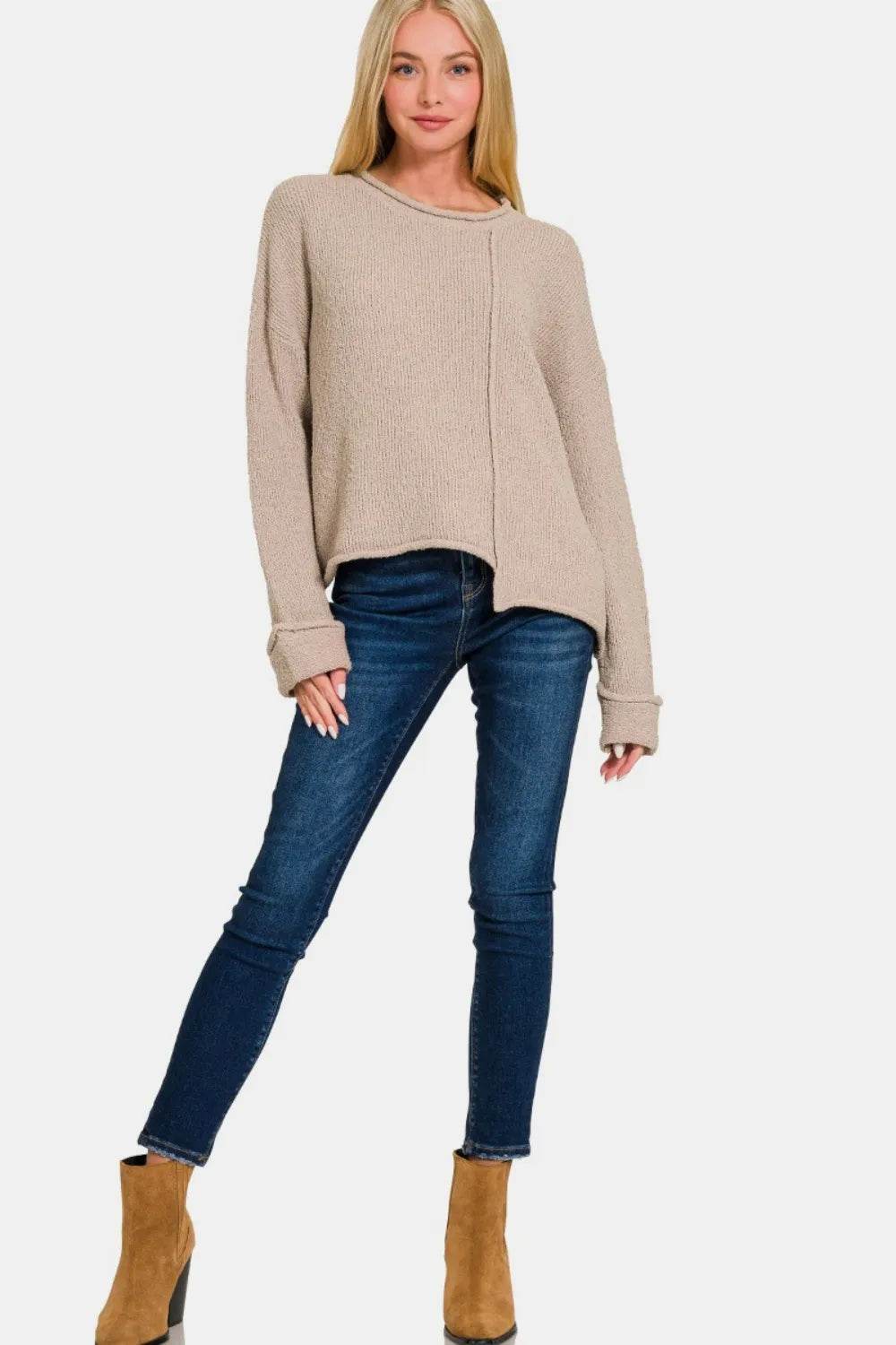 Zenana Asymmetric Hem Drop Shoulder Sweater - IntuitiveEncBoutique