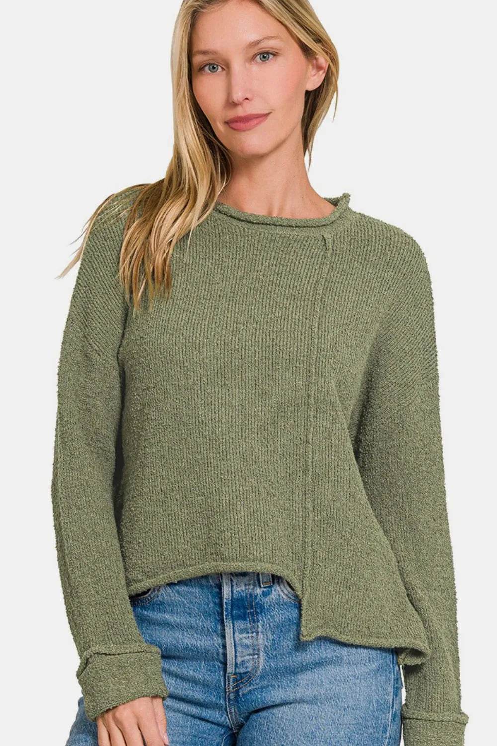 Zenana Asymmetric Hem Drop Shoulder Sweater - IntuitiveEncBoutique