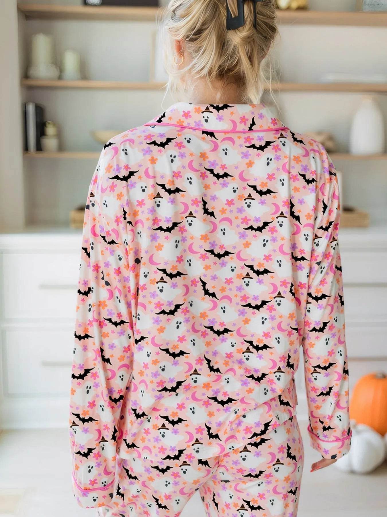 Halloween Ghost Print Button Up Top and Pants Lounge Set - IntuitiveEncBoutique