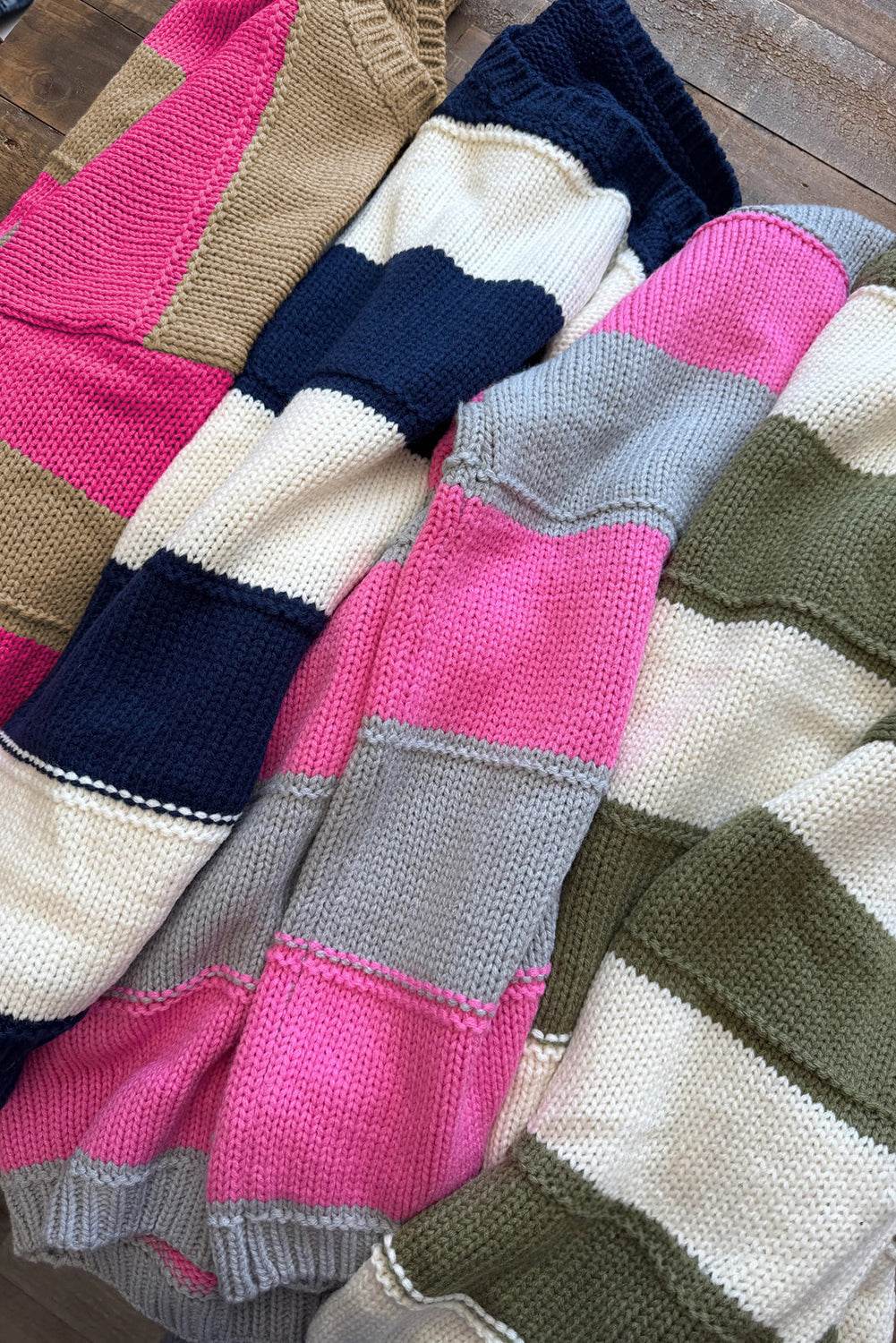 Khaki Stripe Color Block PLus Size Drop Shoulder Sweater - IntuitiveEncBoutique