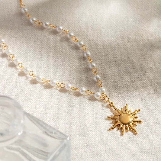18K Gold-Plated Pearl Sun Necklace - IntuitiveEncBoutique