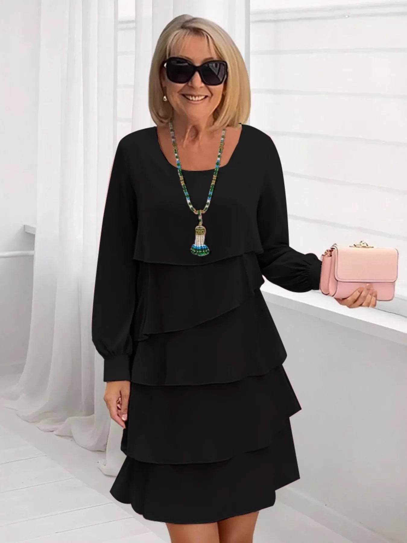 Full Size Layered Long Sleeve Mini Dress Plus Size - IntuitiveEncBoutique