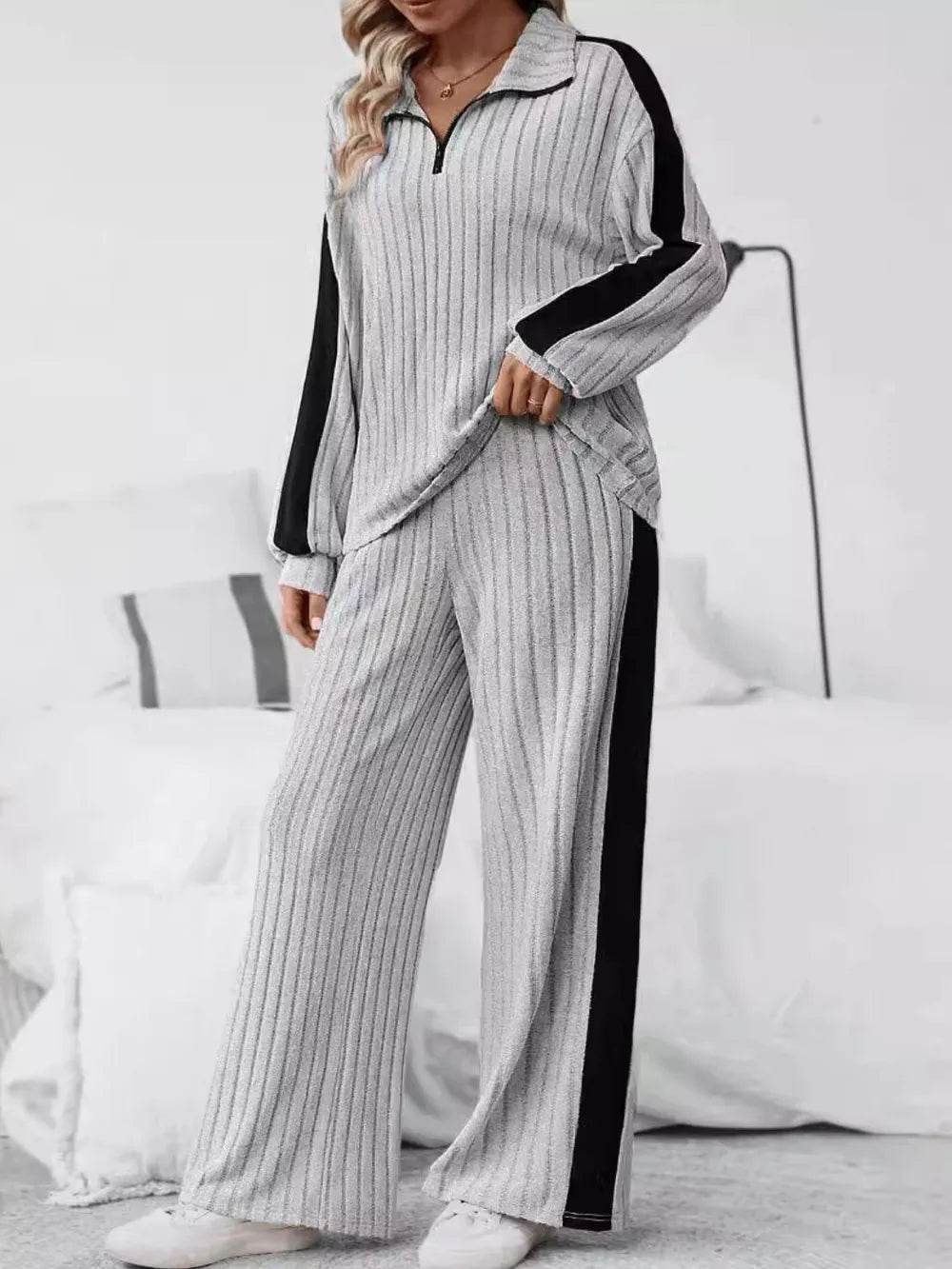 Plus Size Half Zip Long Sleeve Top and Pants Set - IntuitiveEncBoutique
