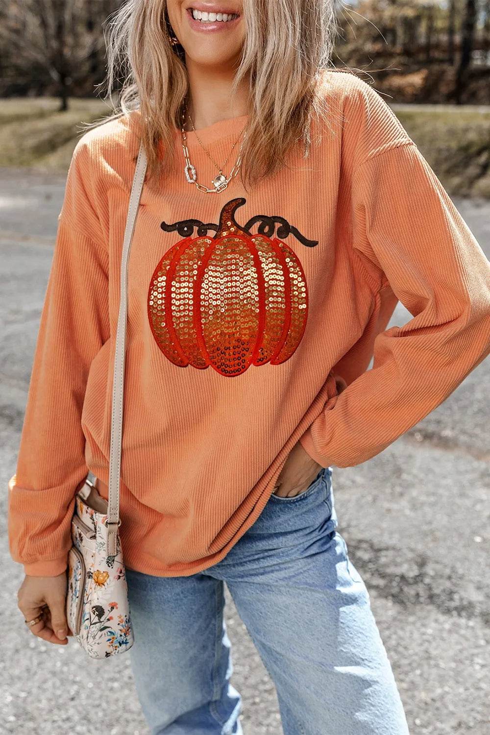 Sequin Pumpkin Round Neck Long Sleeve Sweatshirt - IntuitiveEncBoutique