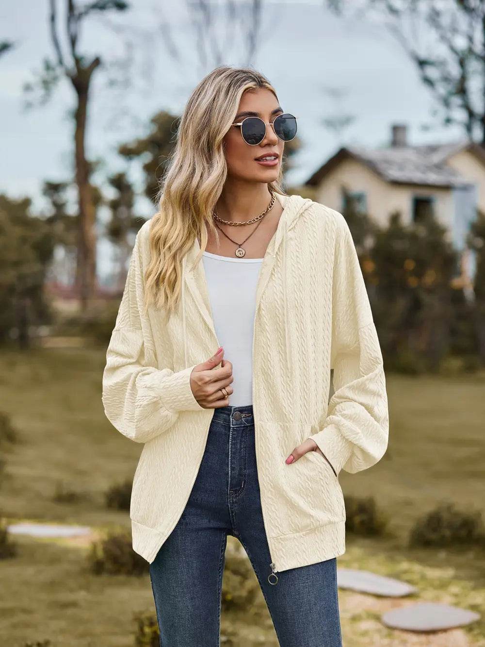 Zip Up Drawstring Long Sleeve Hooded Jacket - IntuitiveEncBoutique
