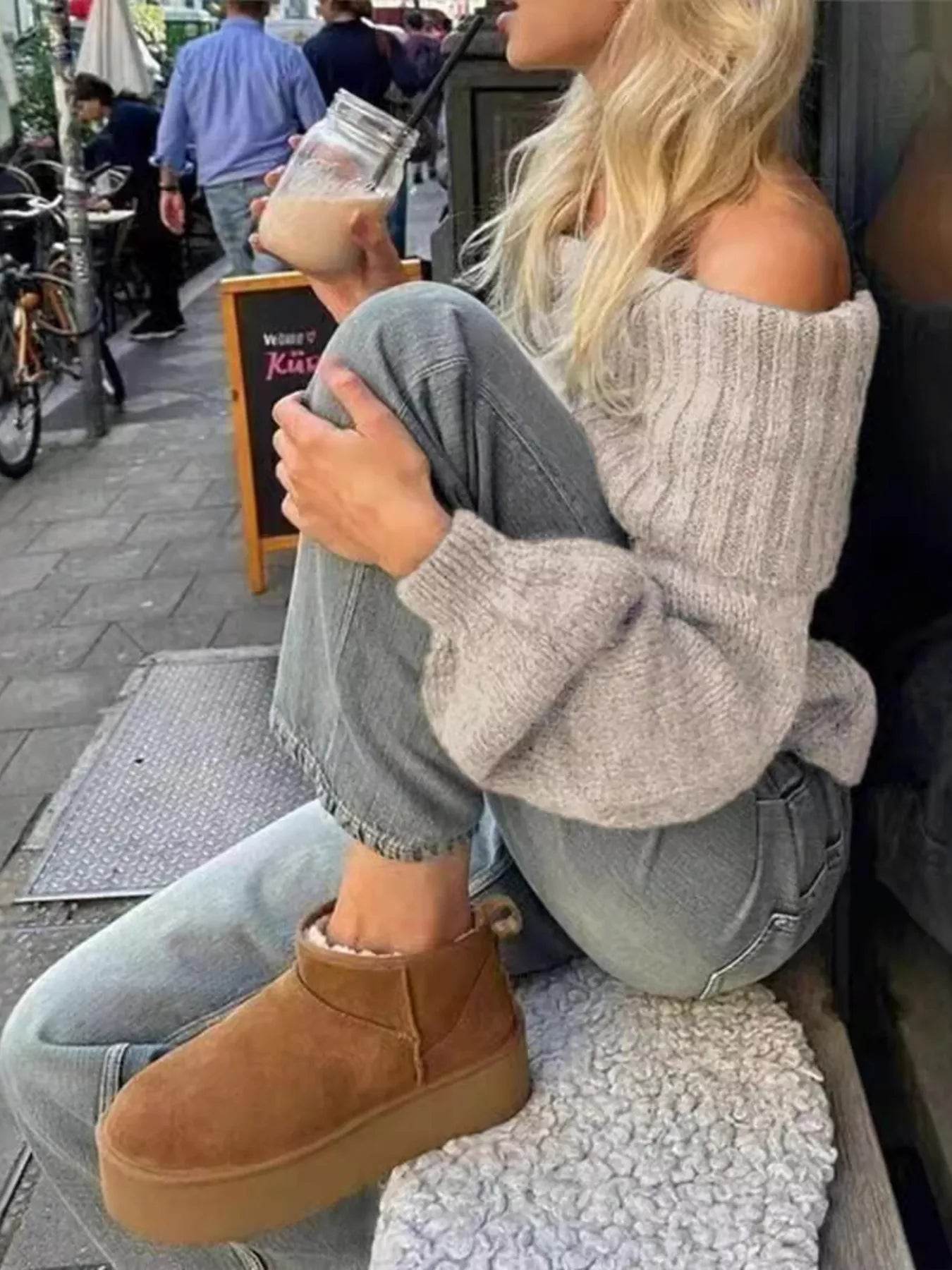 Off-Shoulder Ribbed Long Sleeve Sweater - IntuitiveEncBoutique