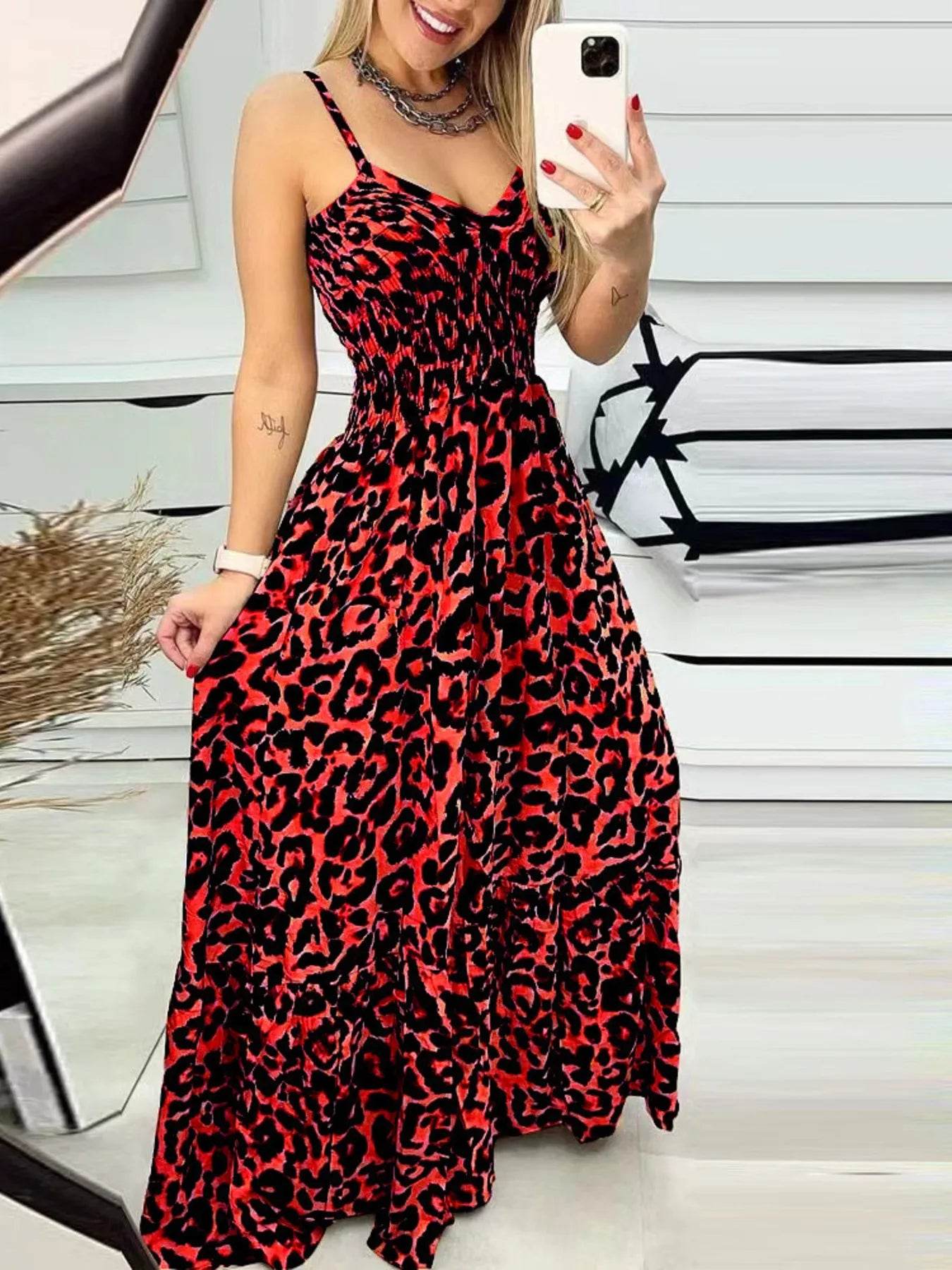 Full Size Leopard Print Spaghetti Strap Maxi Dress Plus Size - IntuitiveEncBoutique