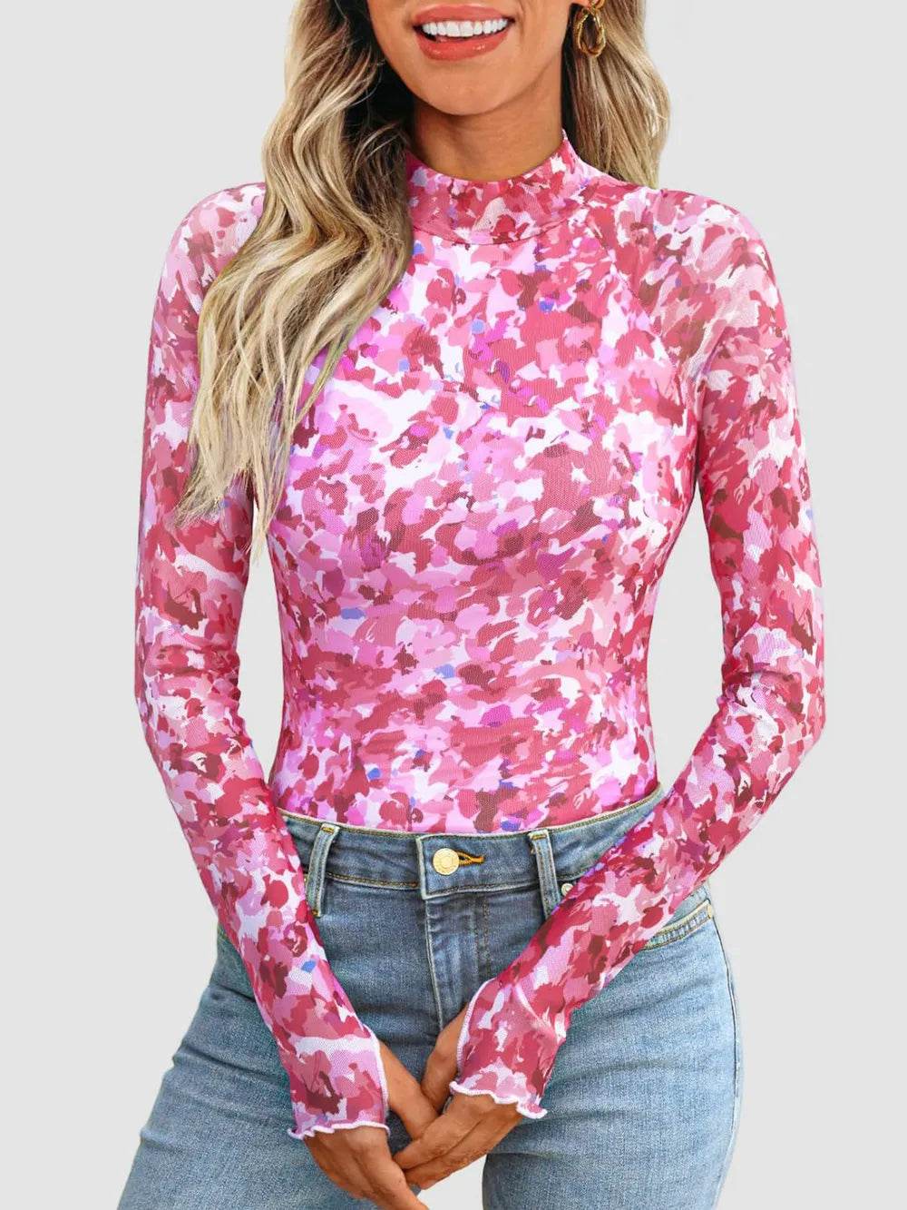 Floral Mock Neck Long Sleeve T-Shirt - IntuitiveEncBoutique