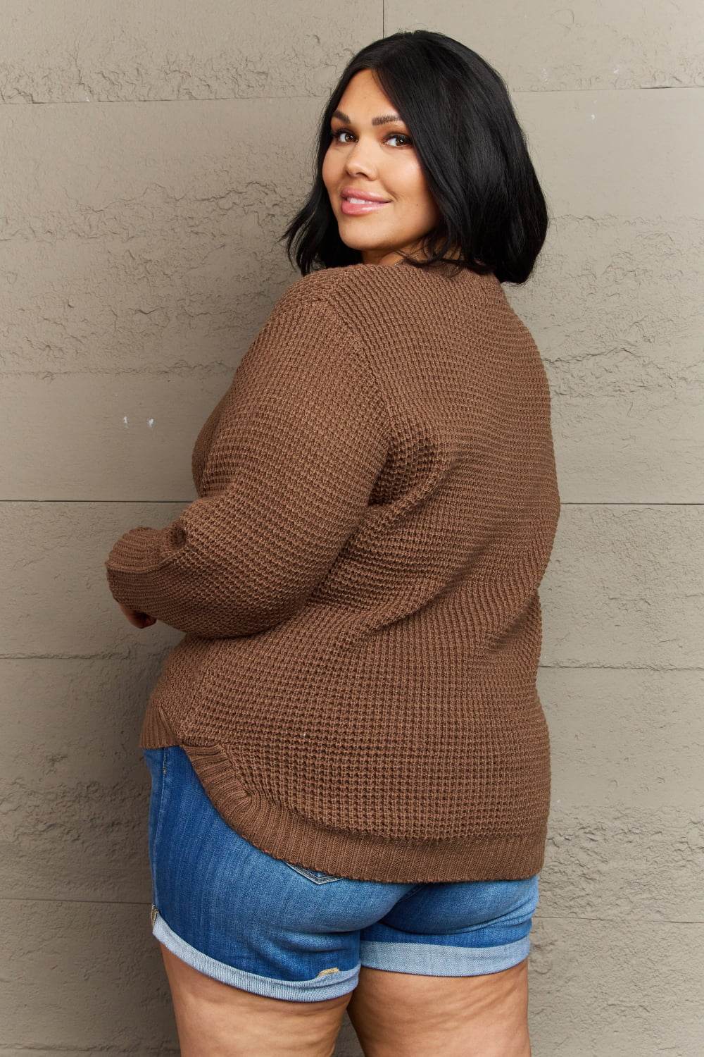 Zenana Breezy Days Plus Size High Low Waffle Knit Sweater - IntuitiveEncBoutique