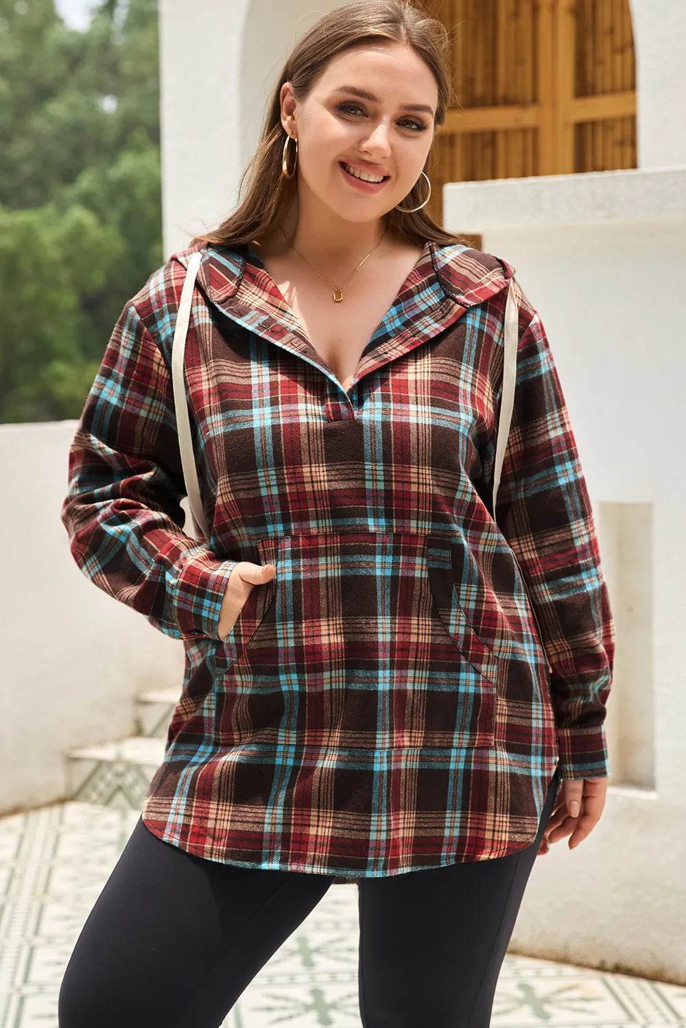 Plus Size Drawstring Plaid Quarter Button Hoodie - IntuitiveEncBoutique