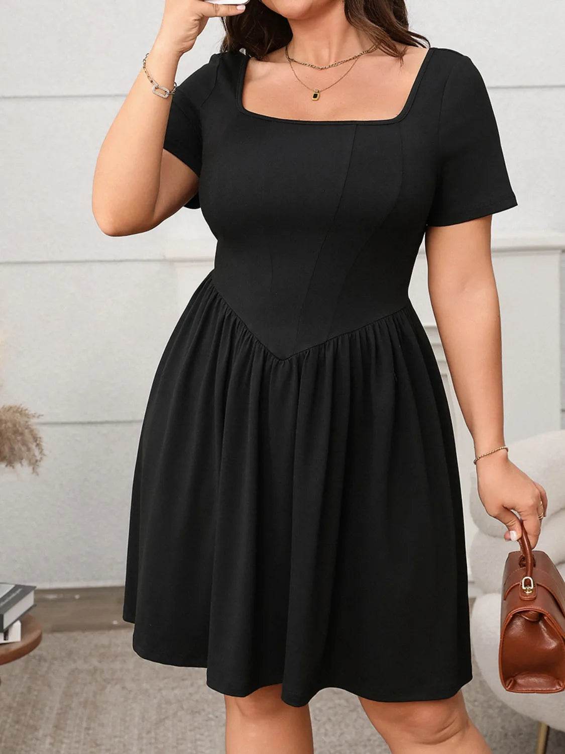 Plus Size Square Neck Short Sleeve Mini Dress - IntuitiveEncBoutique