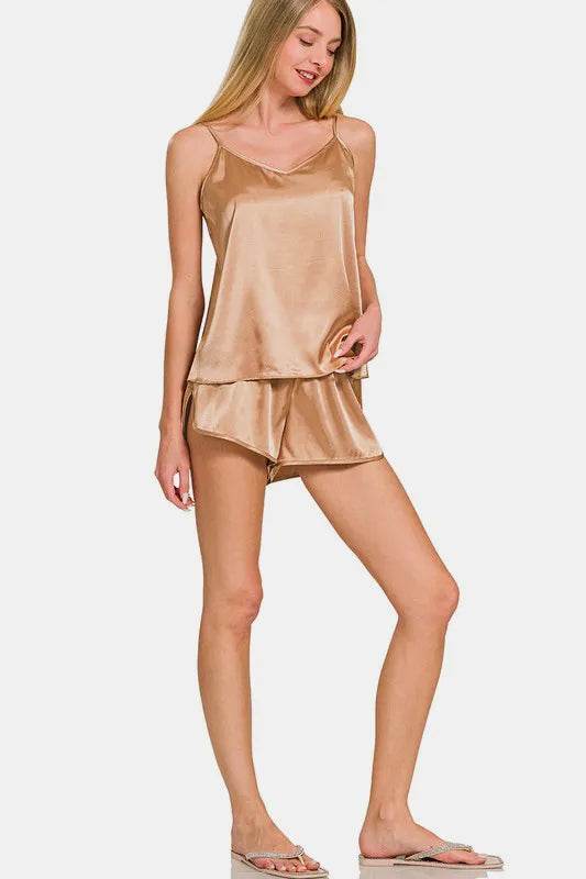 Zenana V-Neck Satin Cami and Elastic Waist Shorts Lounge Set - IntuitiveEncBoutique