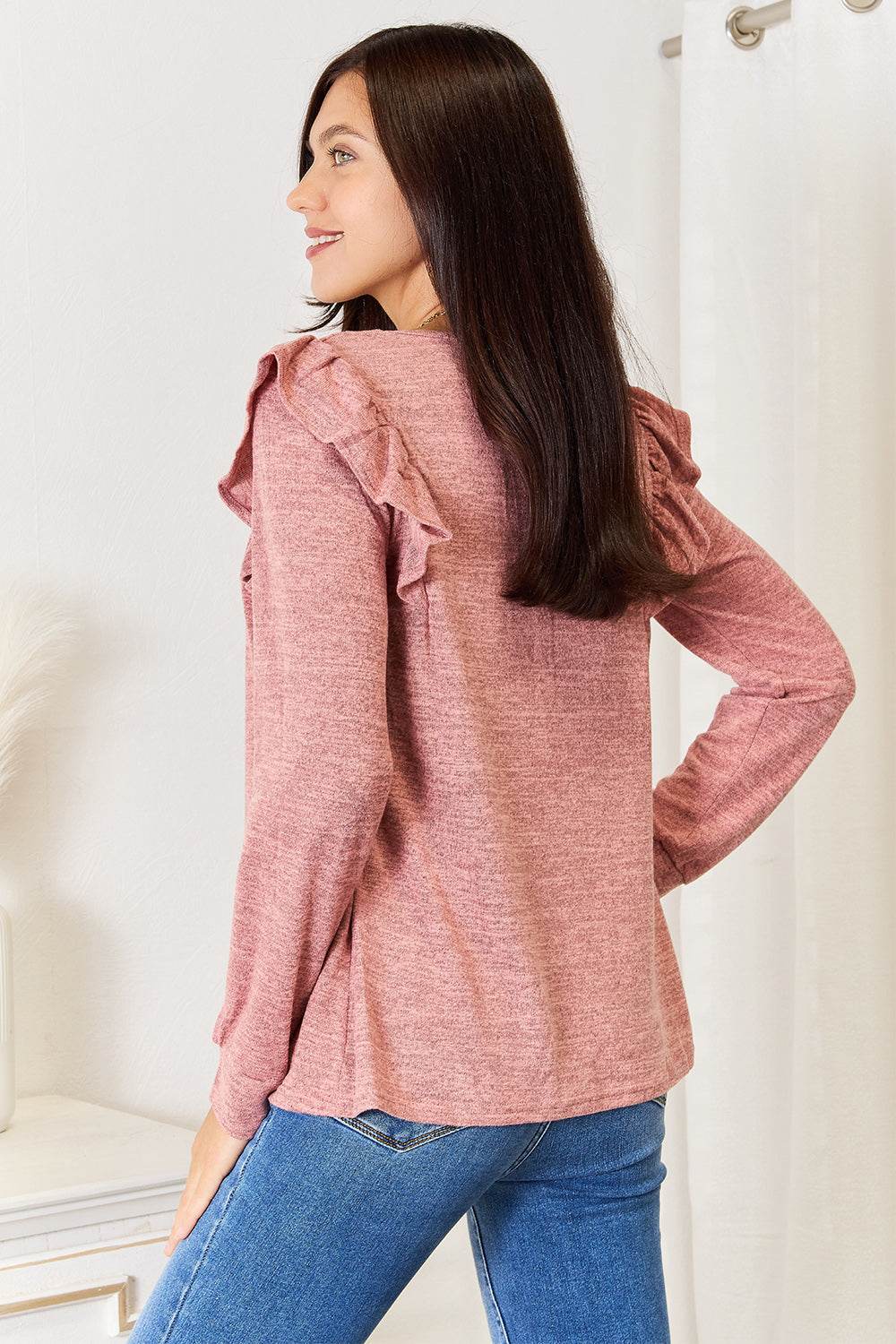 Double Take Square Neck Ruffle Shoulder Long Sleeve T-Shirt - IntuitiveEncBoutique