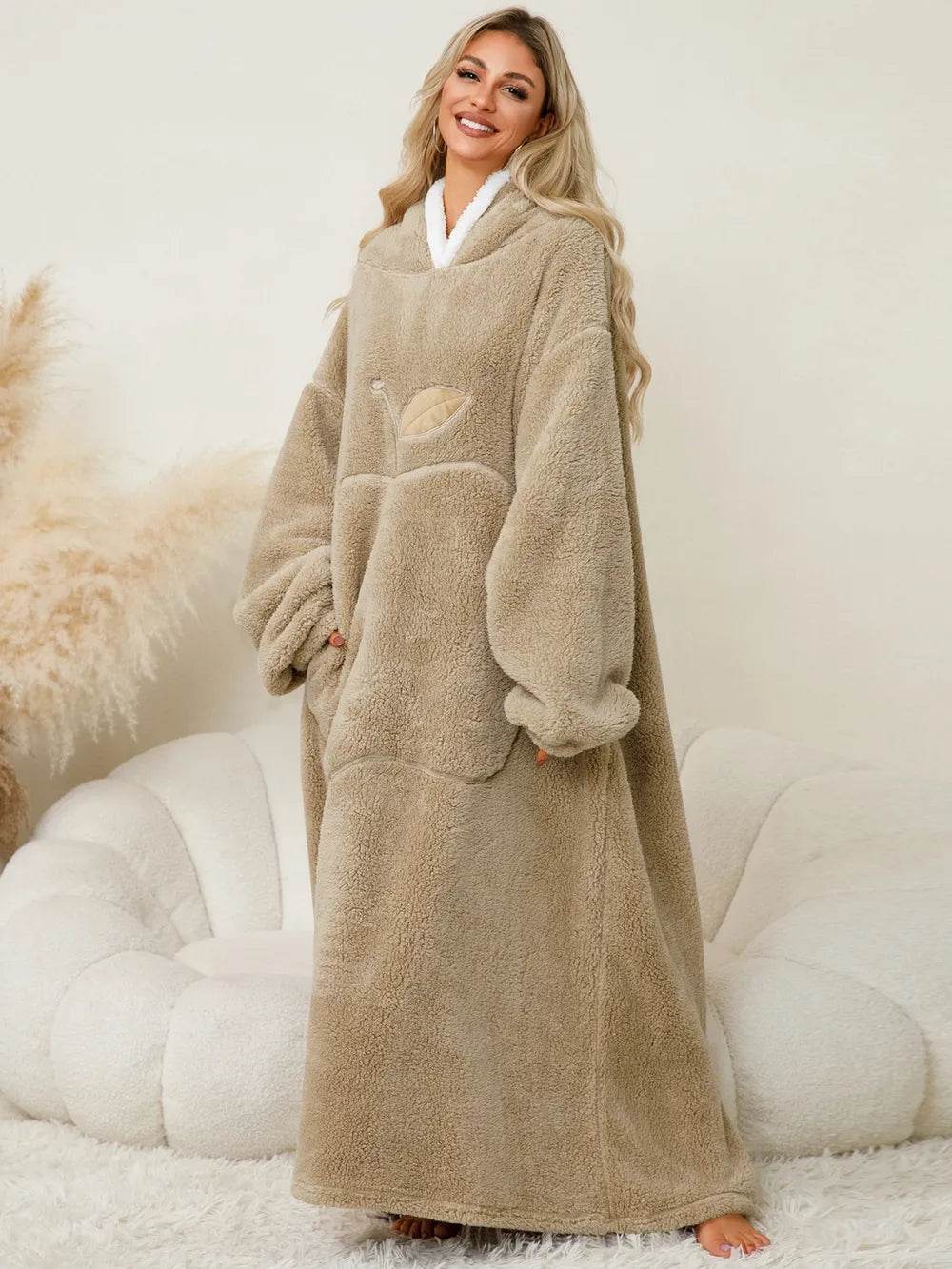 Pocketed Contrast Long Sleeve Hooded Lounge Dress - IntuitiveEncBoutique