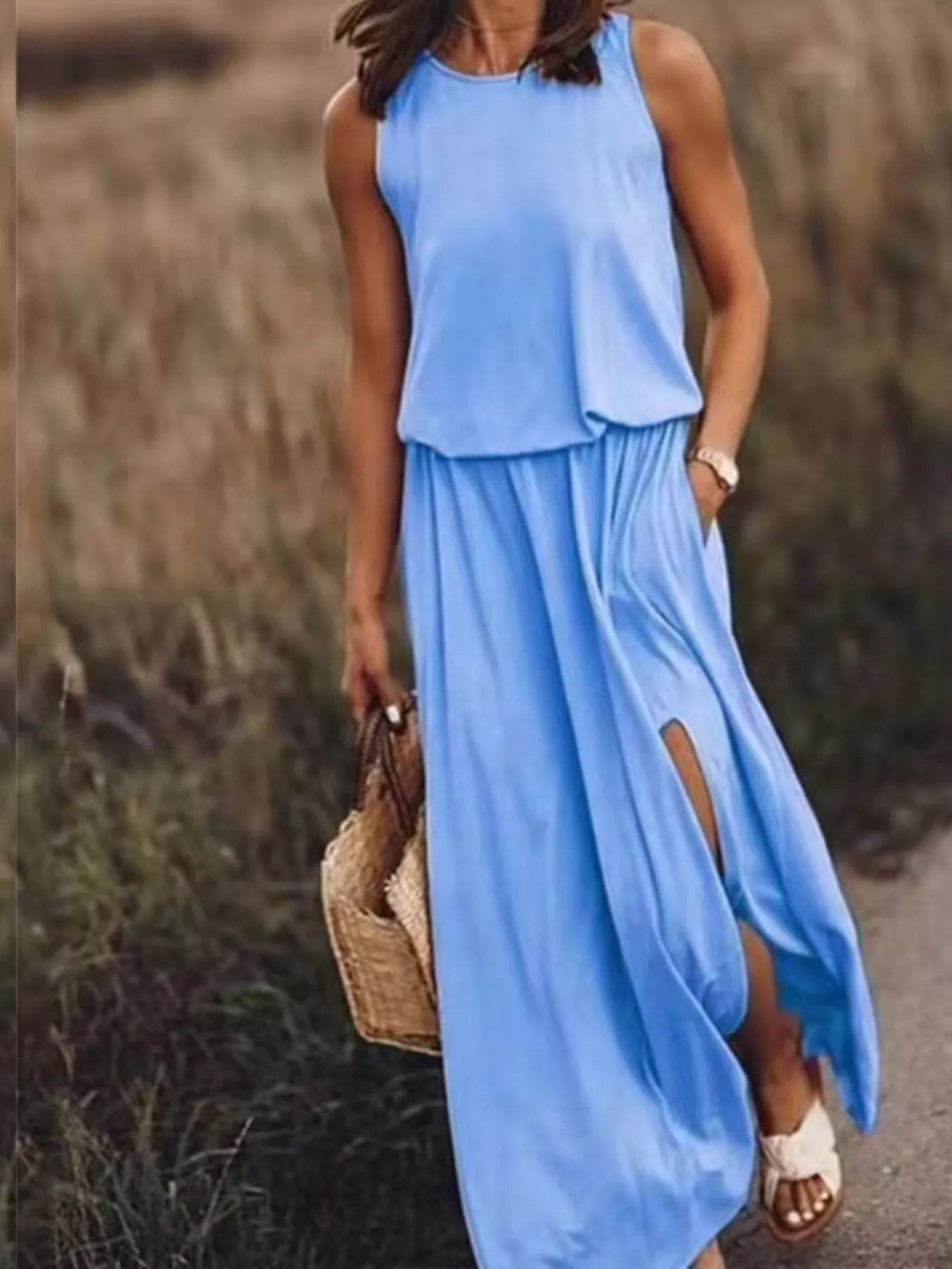 Full Size Round Neck Sleeveless Slit Maxi Dress Plus Size - IntuitiveEncBoutique