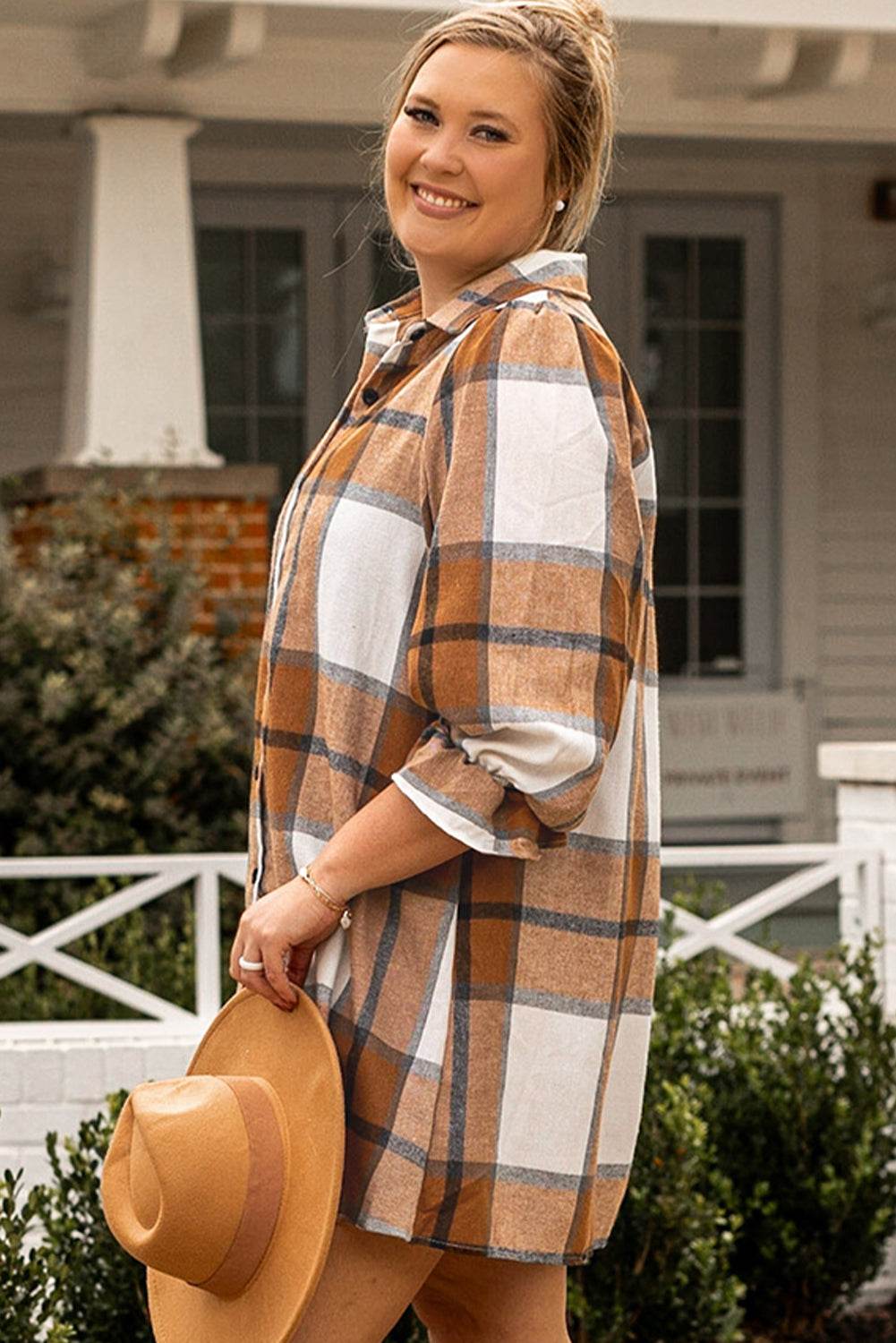 Khaki Plus Size Plaid Flounce Sleeve Button up Shirt Dress - IntuitiveEncBoutique
