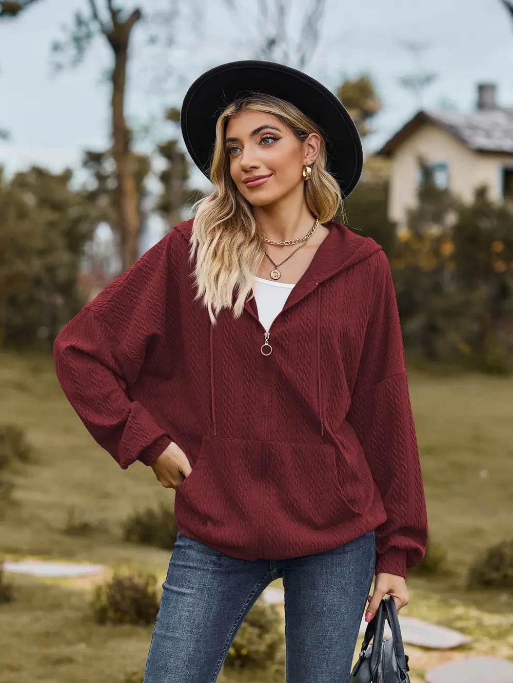 Zip Up Drawstring Long Sleeve Hooded Jacket - IntuitiveEncBoutique
