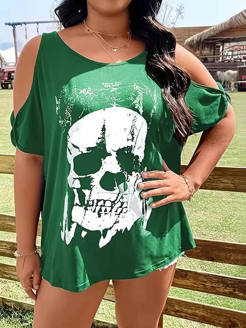Plus Size Skeleton Graphic Round Neck Cold Shoulder T-Shirt - IntuitiveEncBoutique