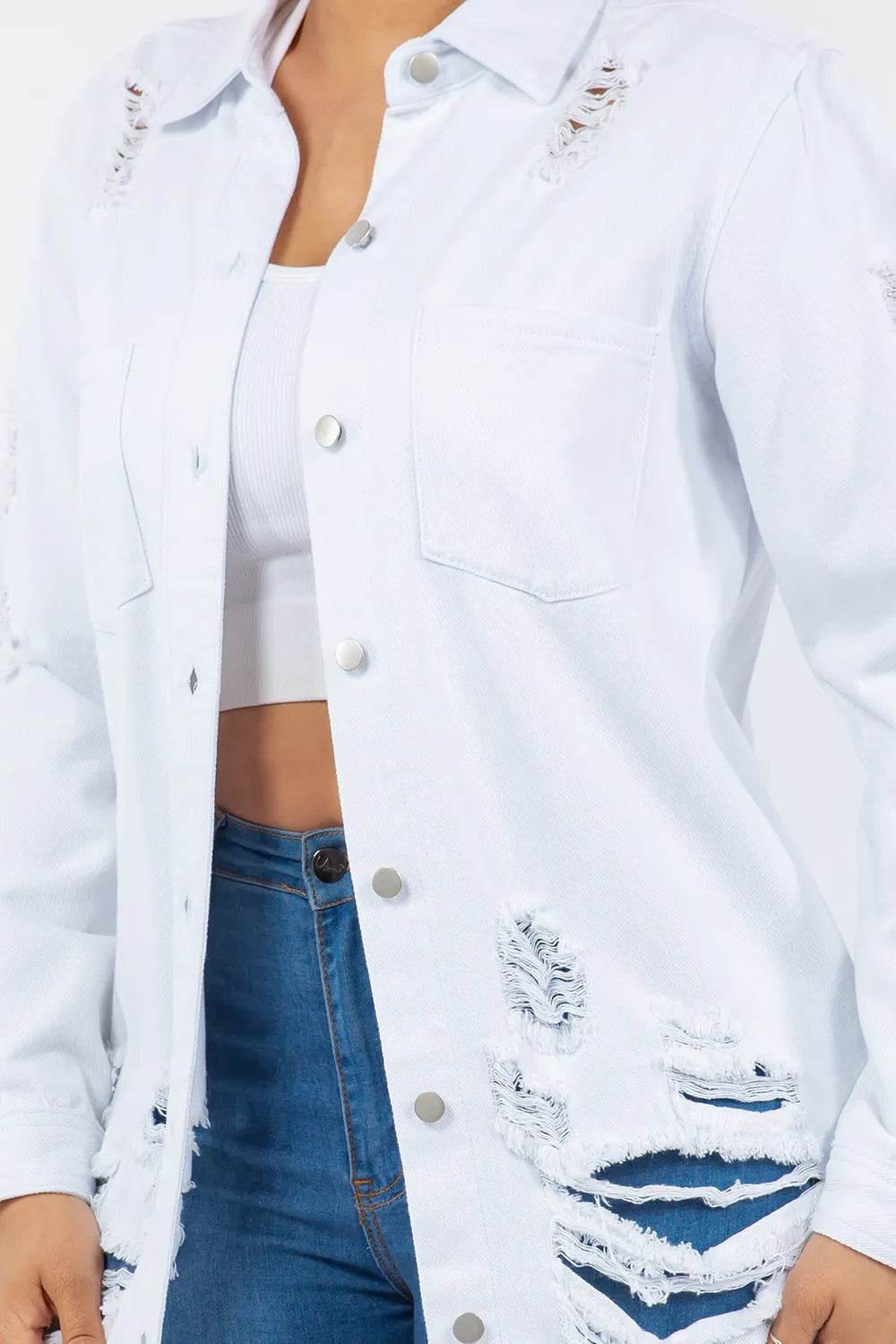 American Bazi Distressed Button Up Long Sleeve Denim Jacket - IntuitiveEncBoutique