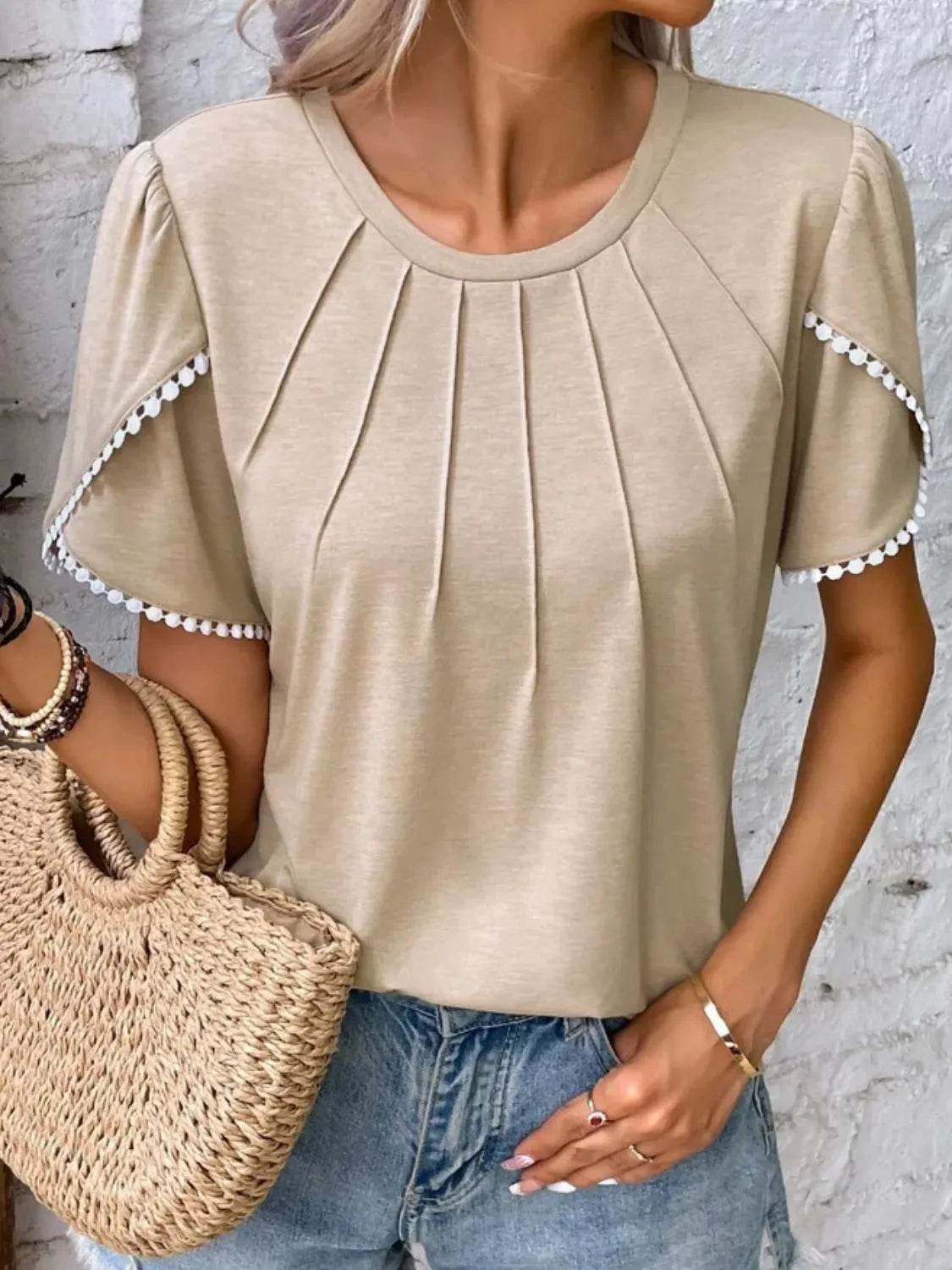 Full Size Round Neck Petal Sleeve Blouse Plus Size - IntuitiveEncBoutique