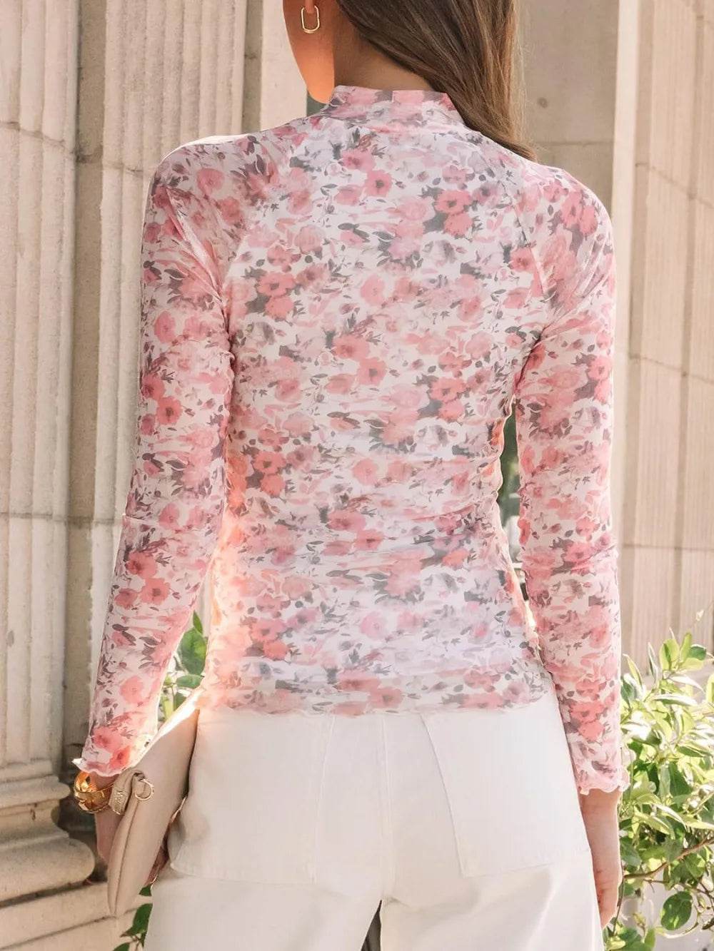 Floral Mock Neck Long Sleeve T-Shirt - IntuitiveEncBoutique